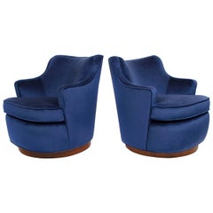 Pair of Edward Wormley Swivel Chairs for Dunbar in Blue Velvet