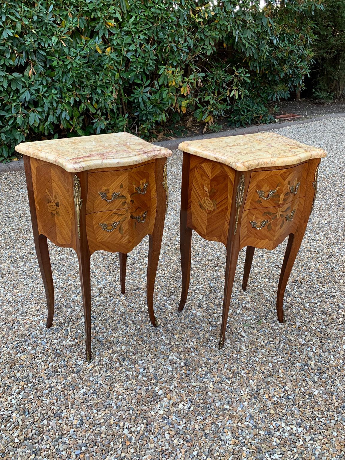 English Pair of Edwardian / 1920’s French Walnut & Kingwood Bedsides with Marble Tops