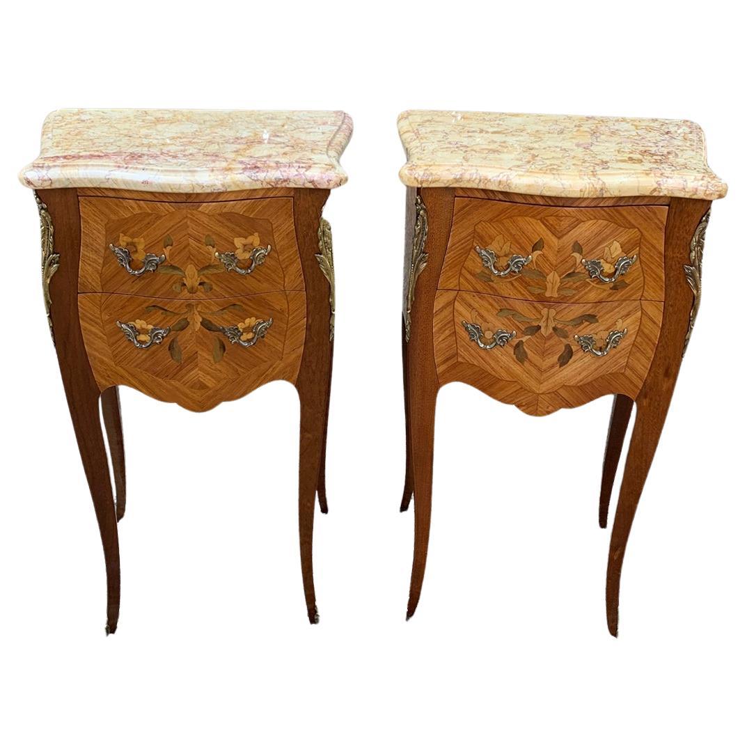 Pair of Edwardian / 1920’s French Walnut & Kingwood Bedsides with Marble Tops