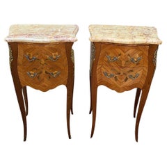 Pair of Edwardian / 1920’s French Walnut & Kingwood Bedsides with Marble Tops