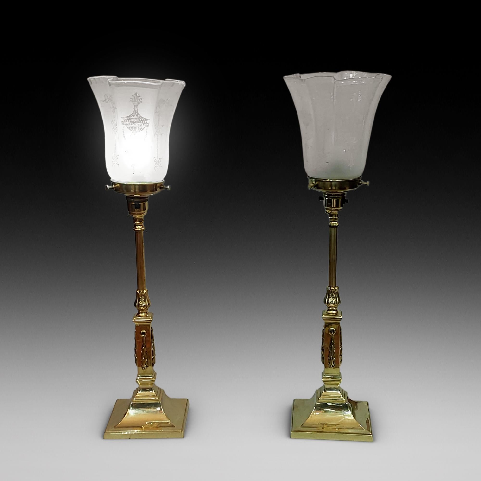 Pair of Edwardian Adam Revival Brass Table Lamps with Frosted Glass Shades - 5