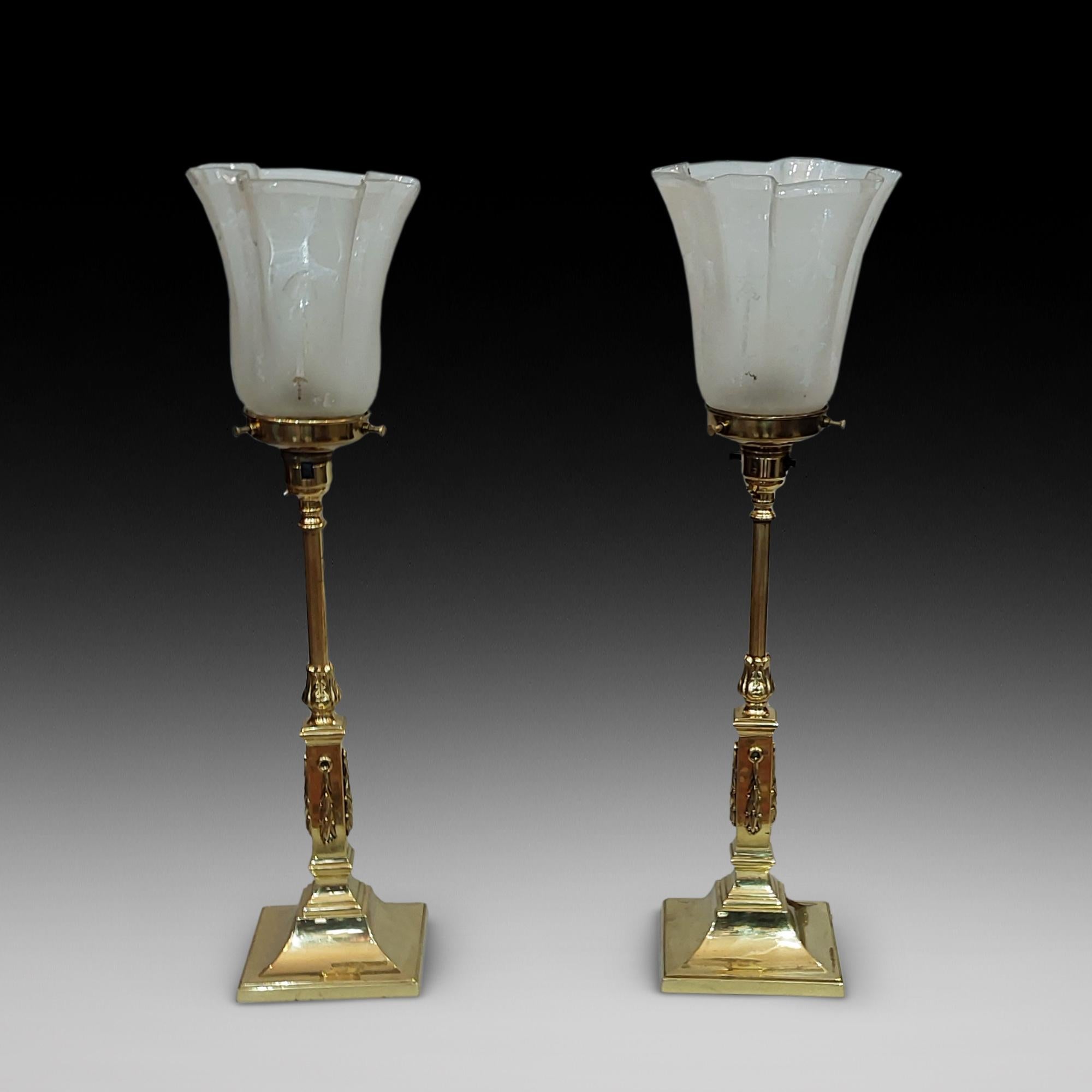 Adam Style Pair of Edwardian Adam Revival Brass Table Lamps