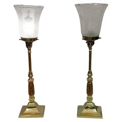 Pair of Edwardian Adam Revival Brass Table Lamps