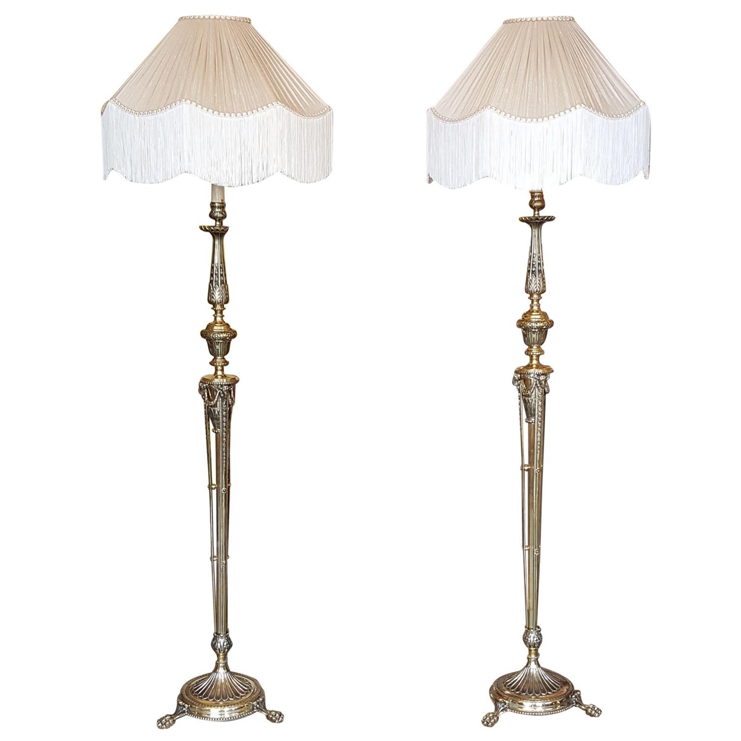 Pair of Edwardian Adam Style Brass Lamp Standards
