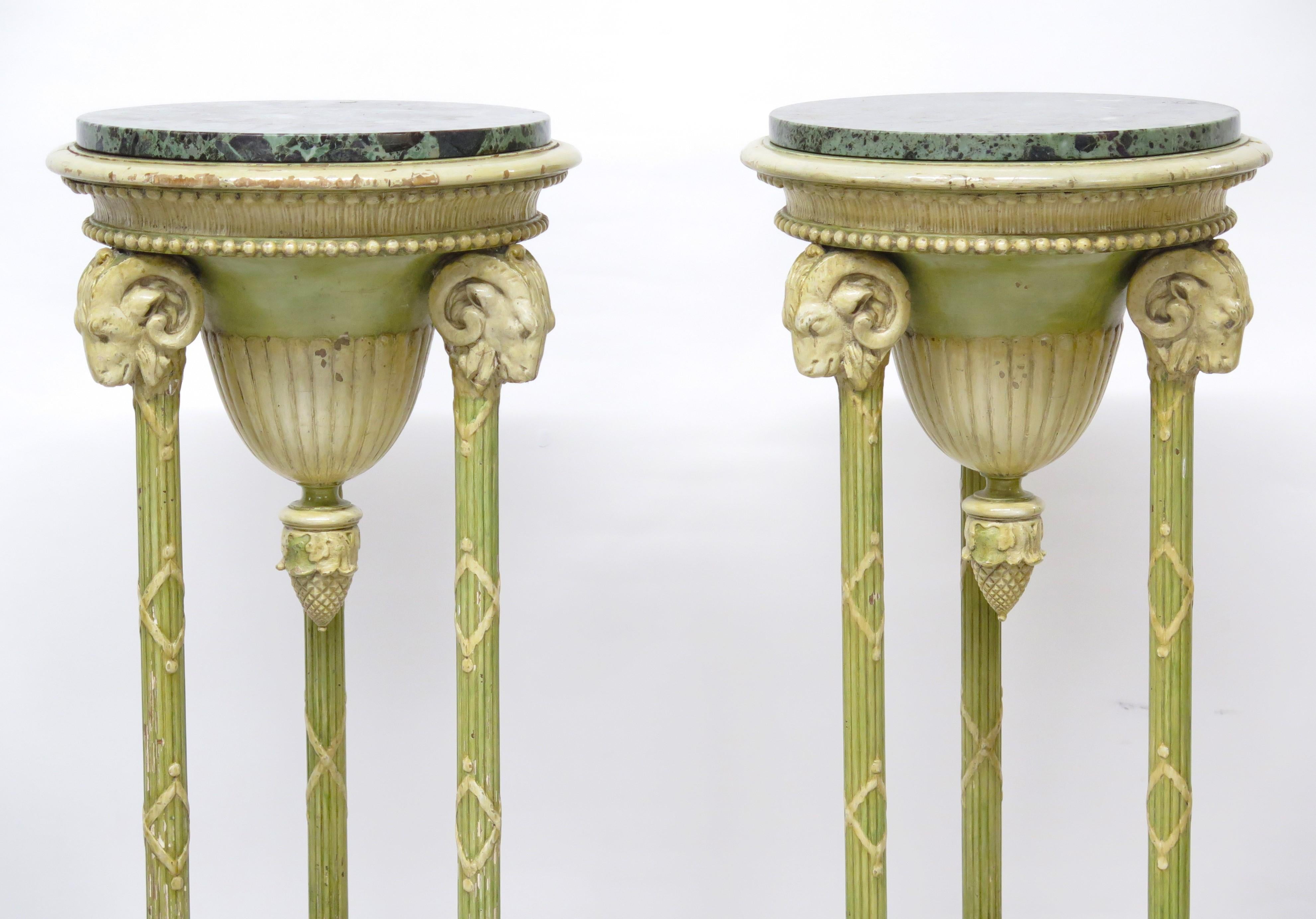 Hand-Carved Pair of Edwardian Adam-Style Painted Candle Stands