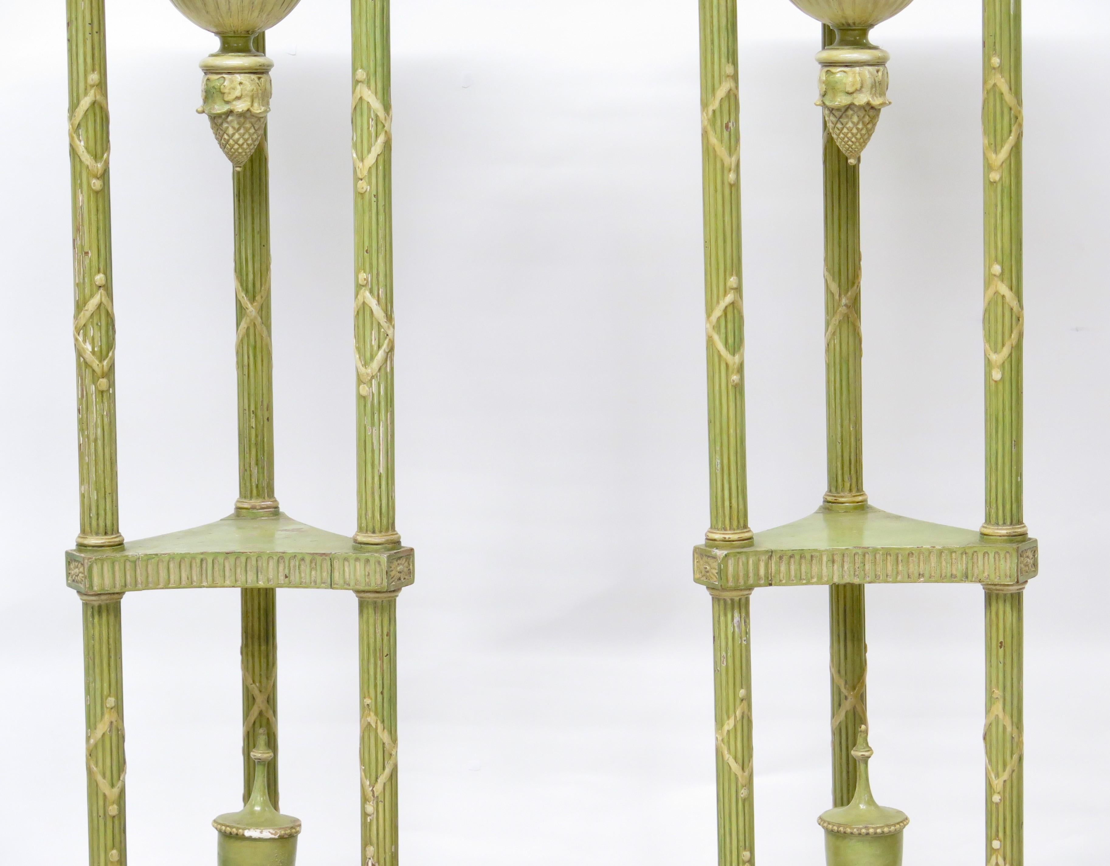 20th Century Pair of Edwardian Adam-Style Painted Candle Stands For Sale