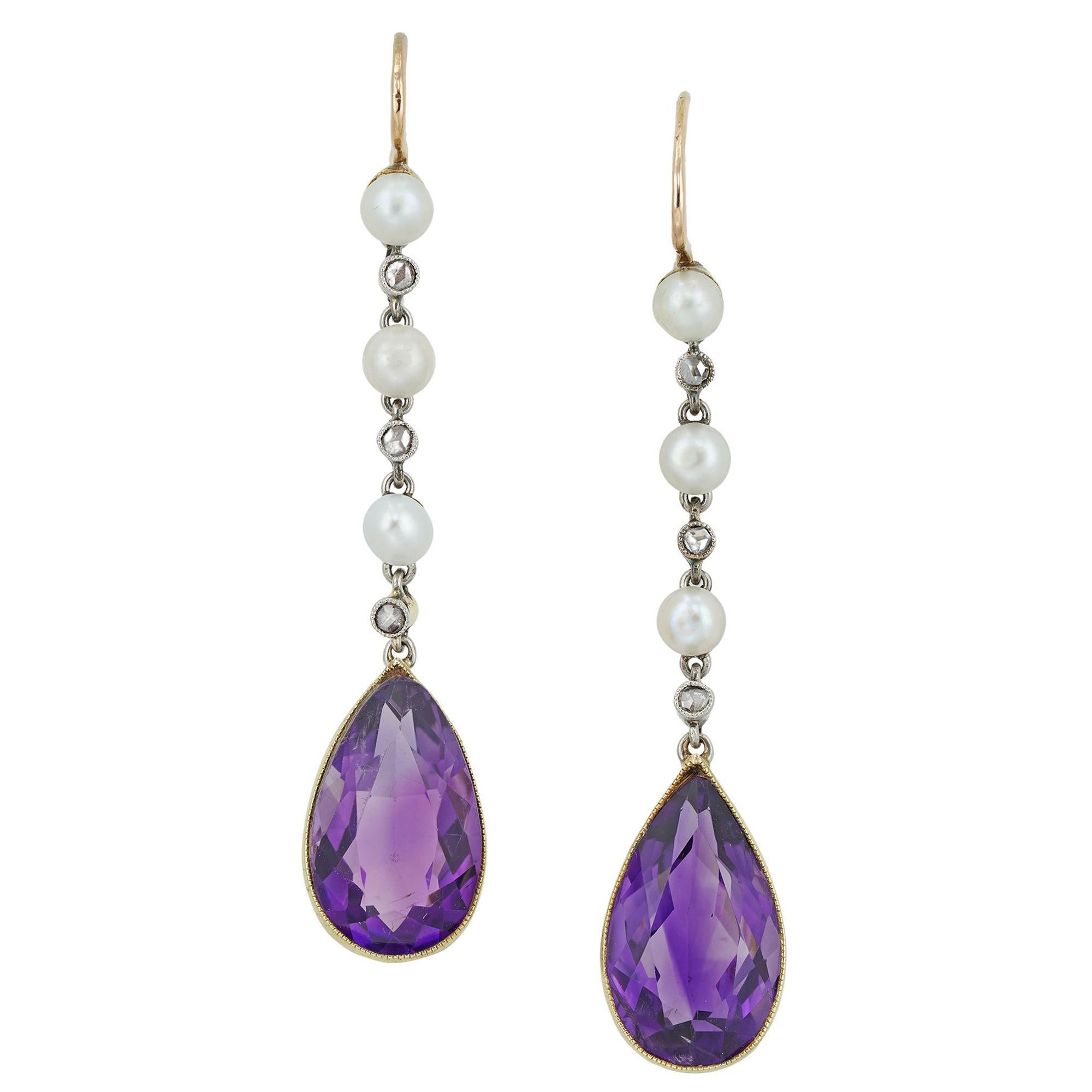 Pair of Edwardian Amethyst and Pearl Drop Earrings For Sale
