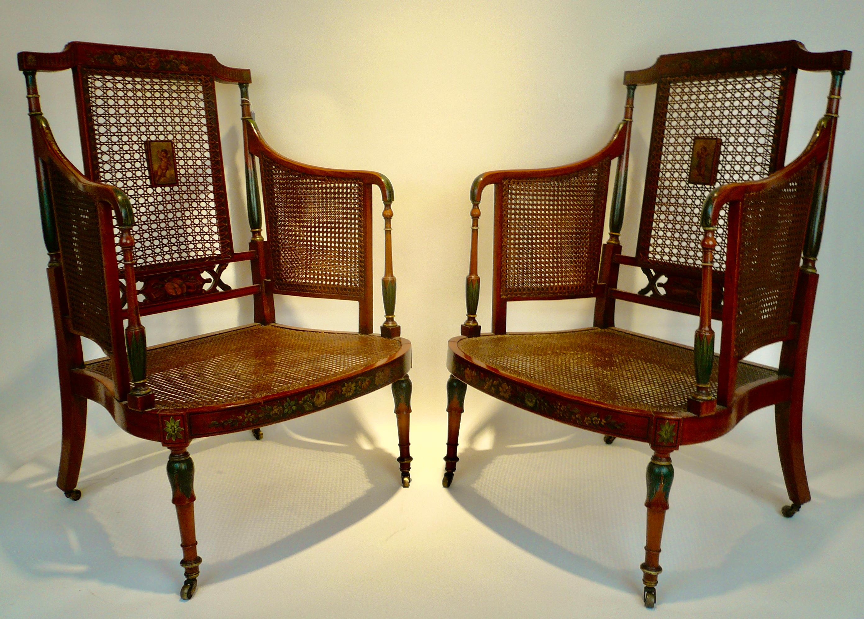 Pair of Edwardian Angelica Kaufmanstyle Painted Satinwood and Cane Armchairs For Sale 5