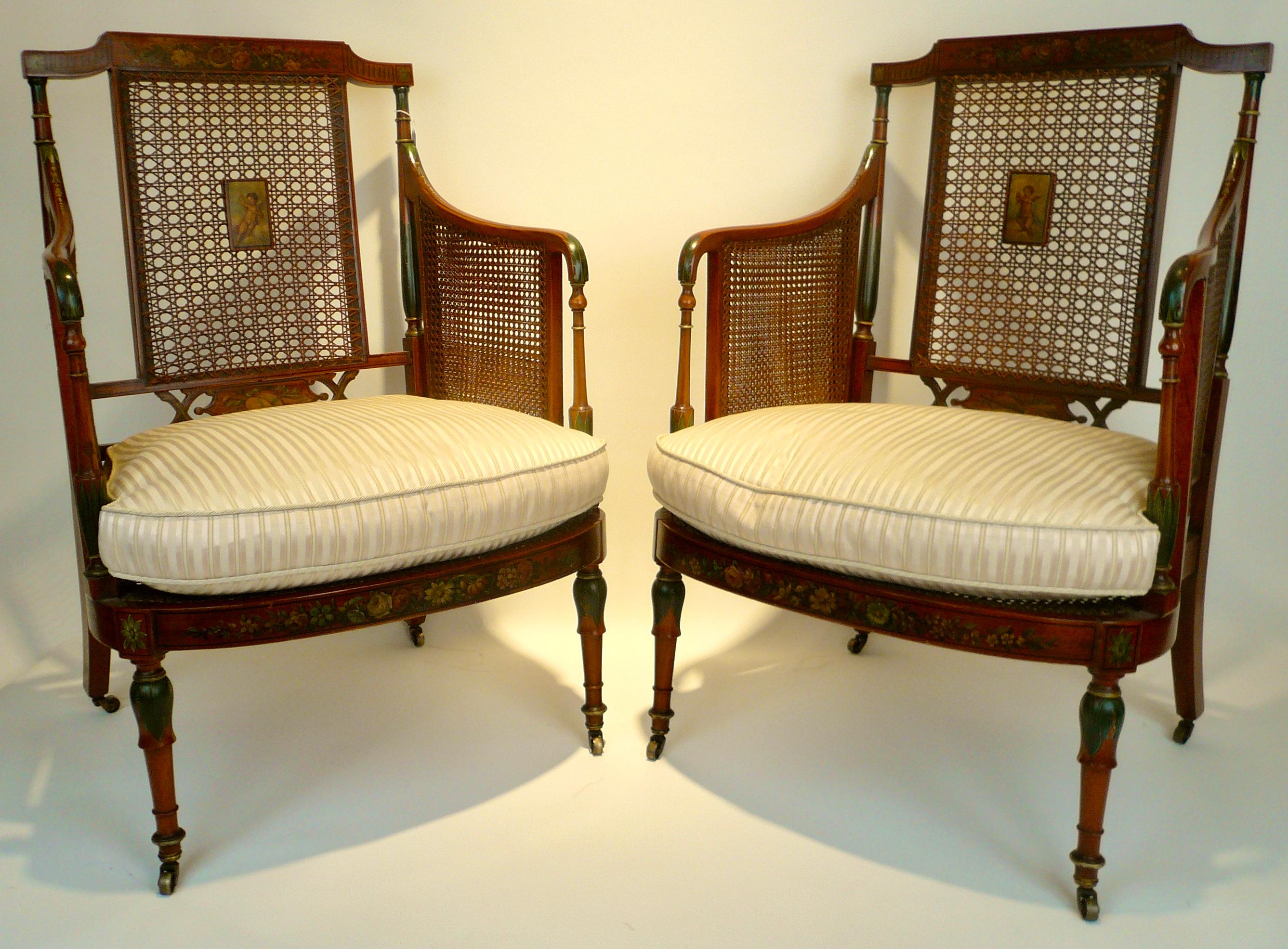 Pair of Edwardian Angelica Kaufmanstyle Painted Satinwood and Cane Armchairs For Sale 1