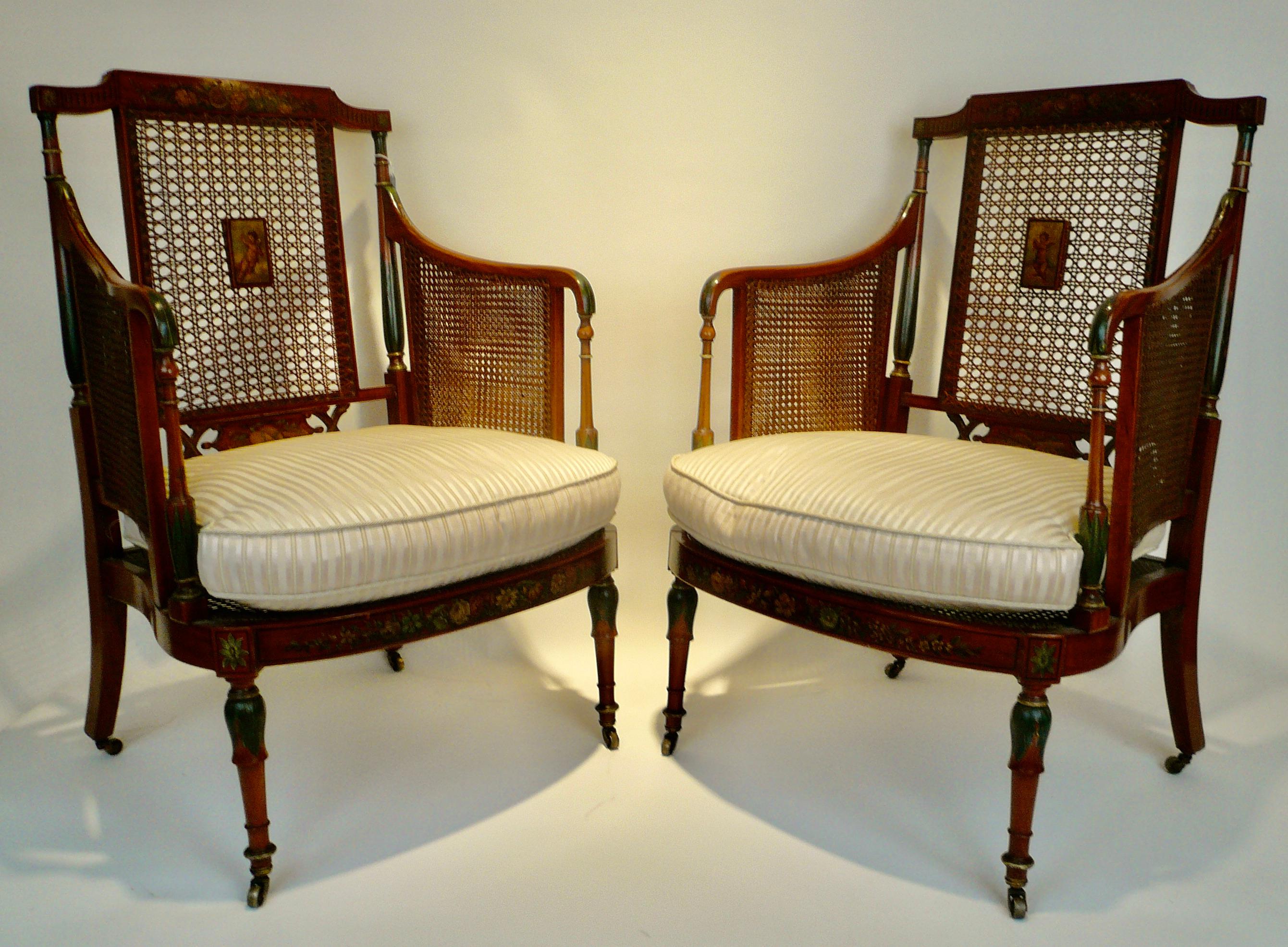 Pair of Edwardian Angelica Kaufmanstyle Painted Satinwood and Cane Armchairs For Sale 2