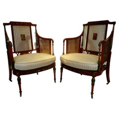 Antique Pair of Edwardian Angelica Kaufmanstyle Painted Satinwood and Cane Armchairs