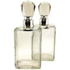 Pair of Edwardian Antique Sterling Silver and Glass Lockable Decanters 1907