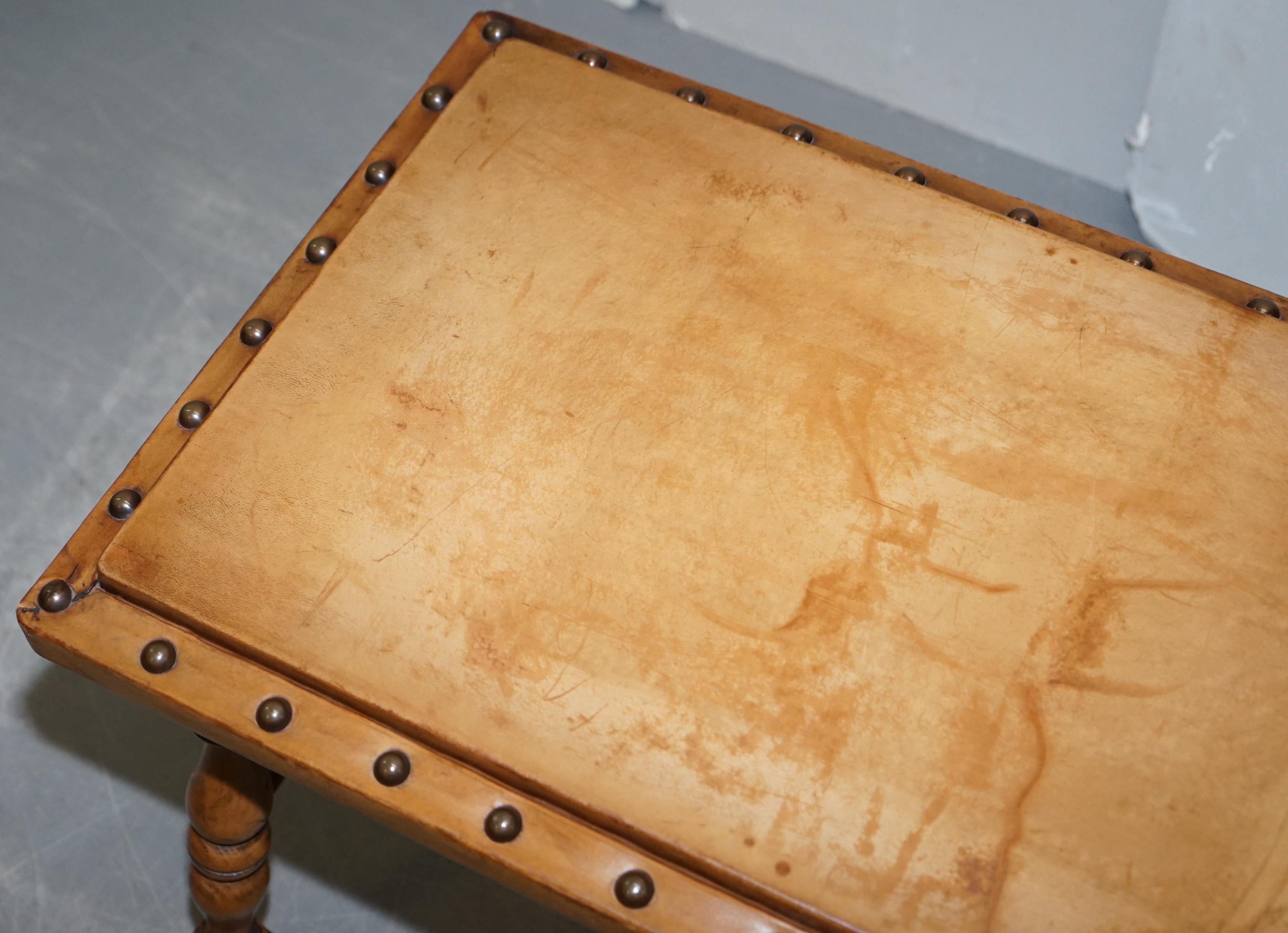 Pair of Edwardian circa 1910 English Oak and Leather Large Side Tables Studded 9