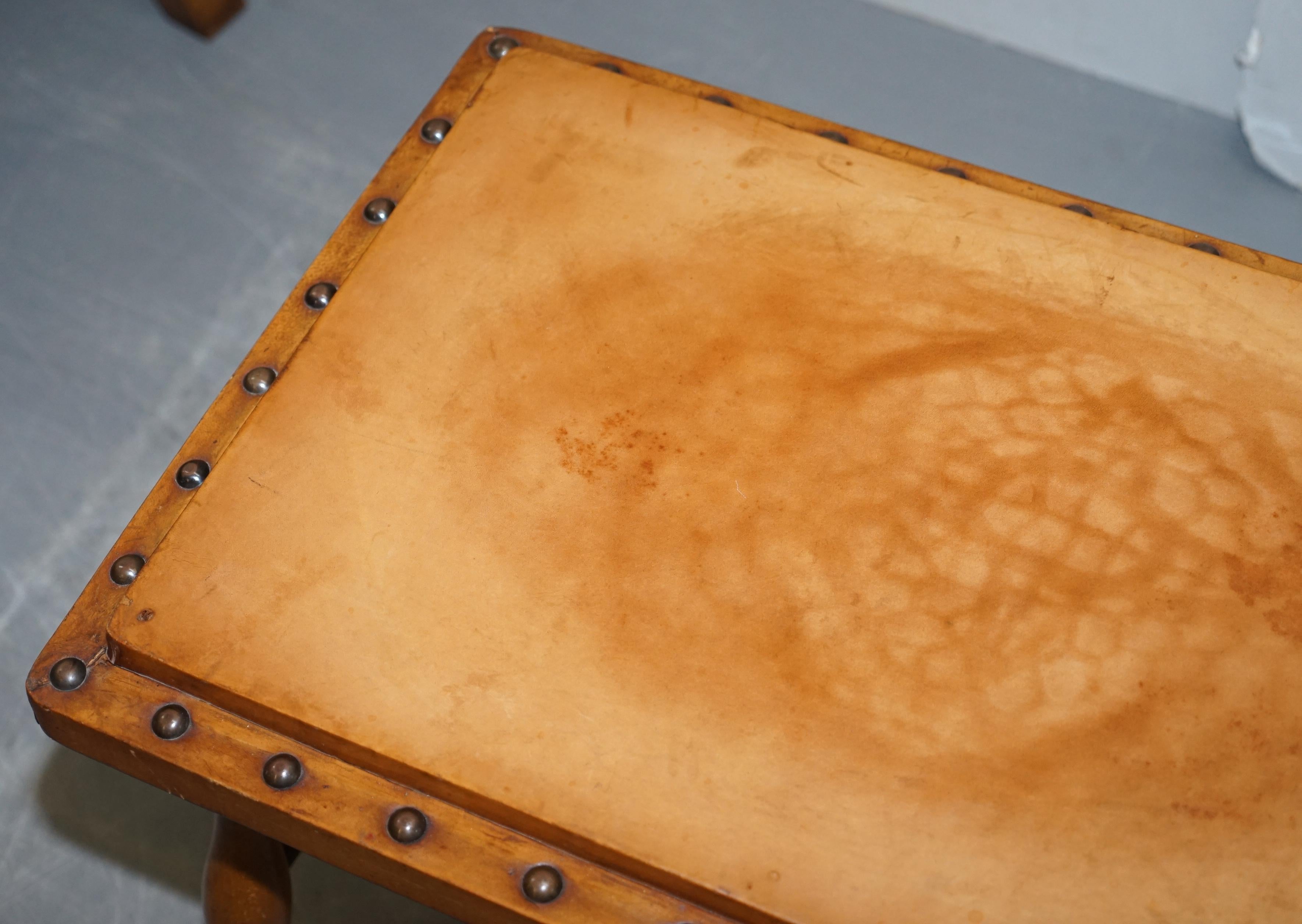 Pair of Edwardian circa 1910 English Oak and Leather Large Side Tables Studded 1