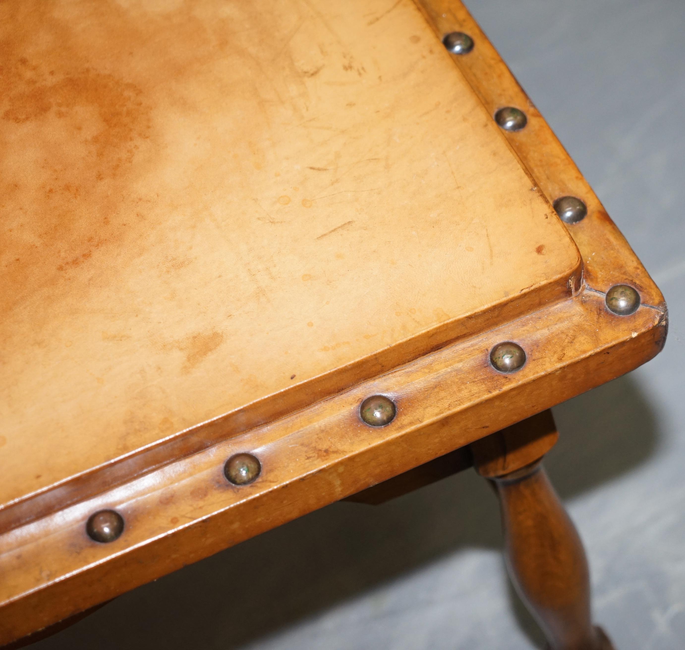 Pair of Edwardian circa 1910 English Oak and Leather Large Side Tables Studded 2