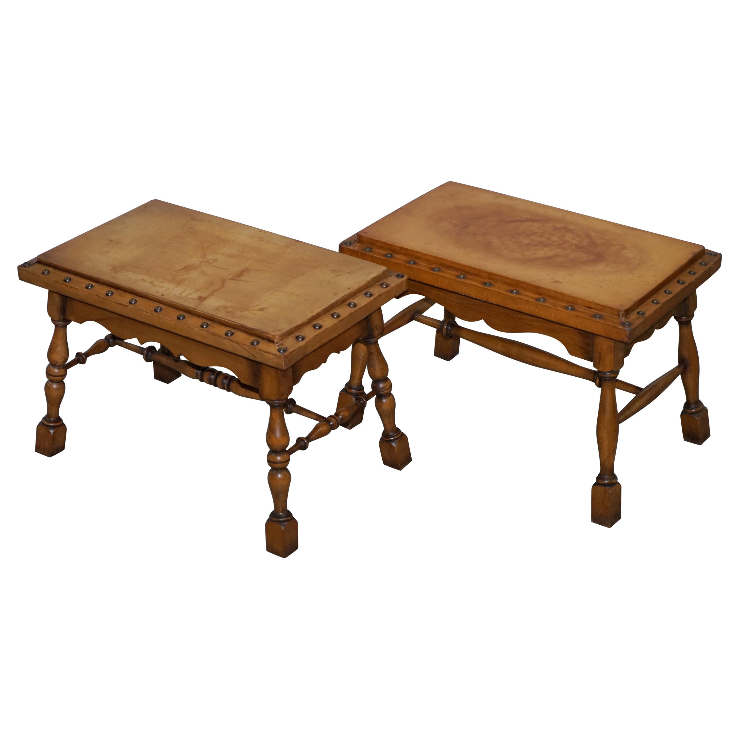 Pair of Edwardian circa 1910 English Oak and Leather Large Side Tables Studded