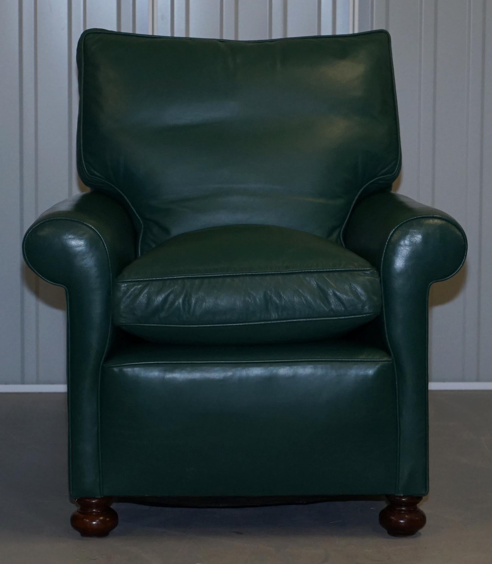 English Pair of Edwardian circa 1910 Soft Green Leather Feather Filled Cushion Armchairs