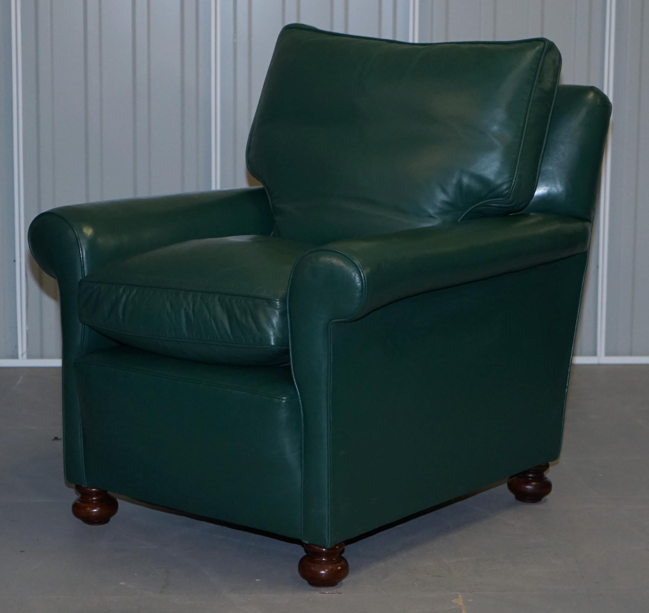 Hand-Crafted Pair of Edwardian circa 1910 Soft Green Leather Feather Filled Cushion Armchairs