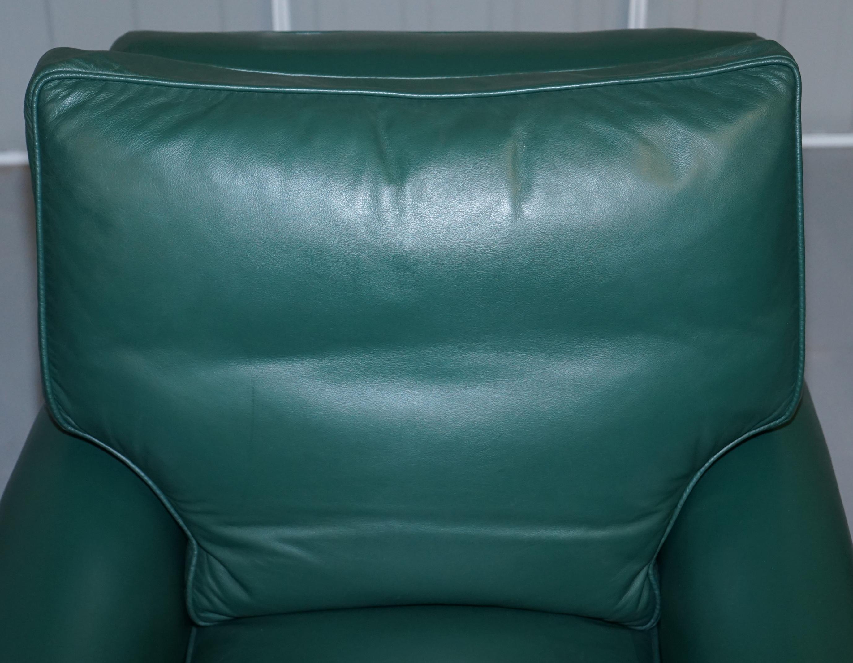 Early 20th Century Pair of Edwardian circa 1910 Soft Green Leather Feather Filled Cushion Armchairs