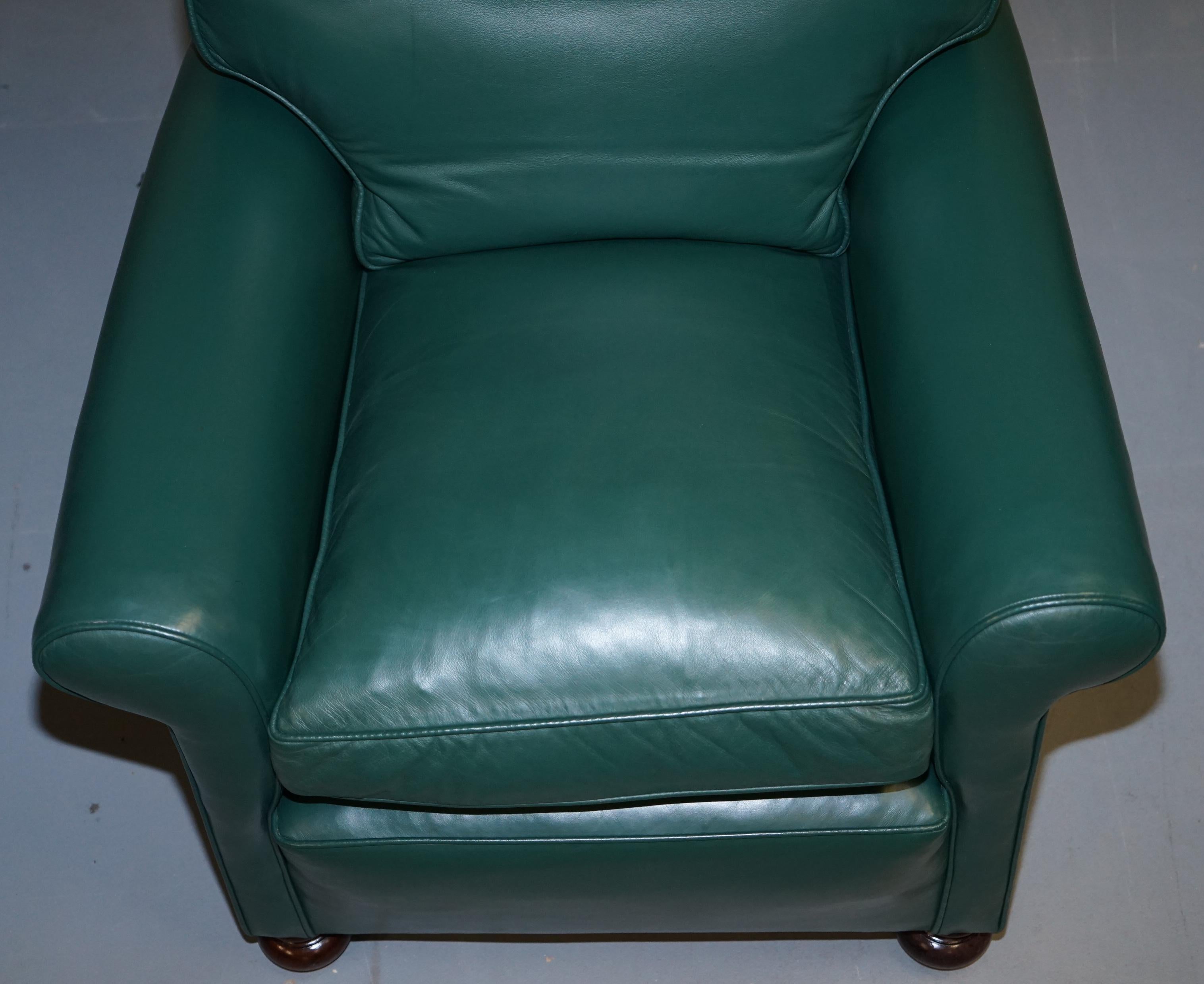 Early 20th Century Pair of Edwardian circa 1910 Soft Green Leather Feather Filled Cushion Armchairs