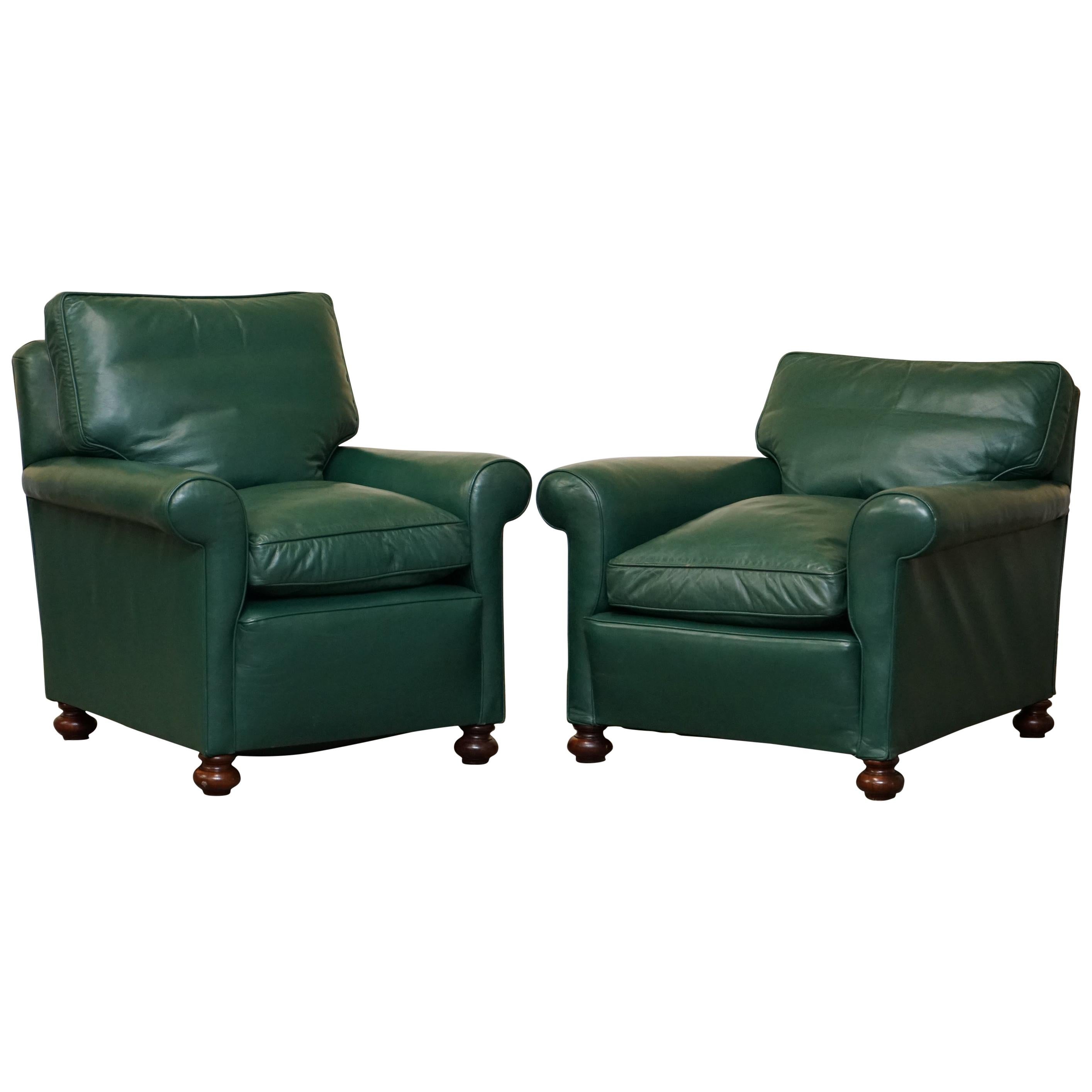 Pair of Edwardian circa 1910 Soft Green Leather Feather Filled Cushion Armchairs