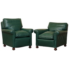 Antique Pair of Edwardian circa 1910 Soft Green Leather Feather Filled Cushion Armchairs