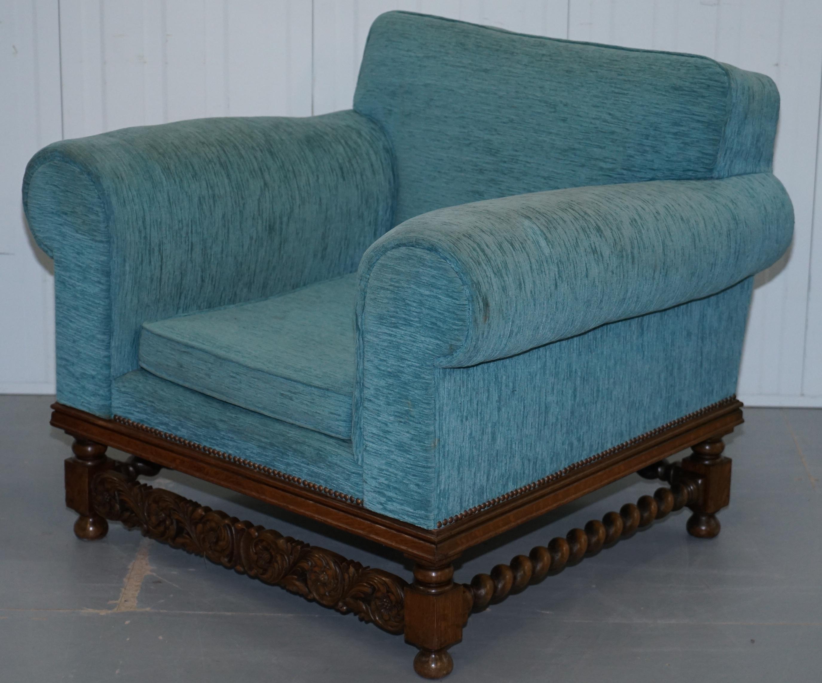 Pair of Edwardian Club Armchairs Oak Frame Fully Sprung Restoration Reupholstery 8
