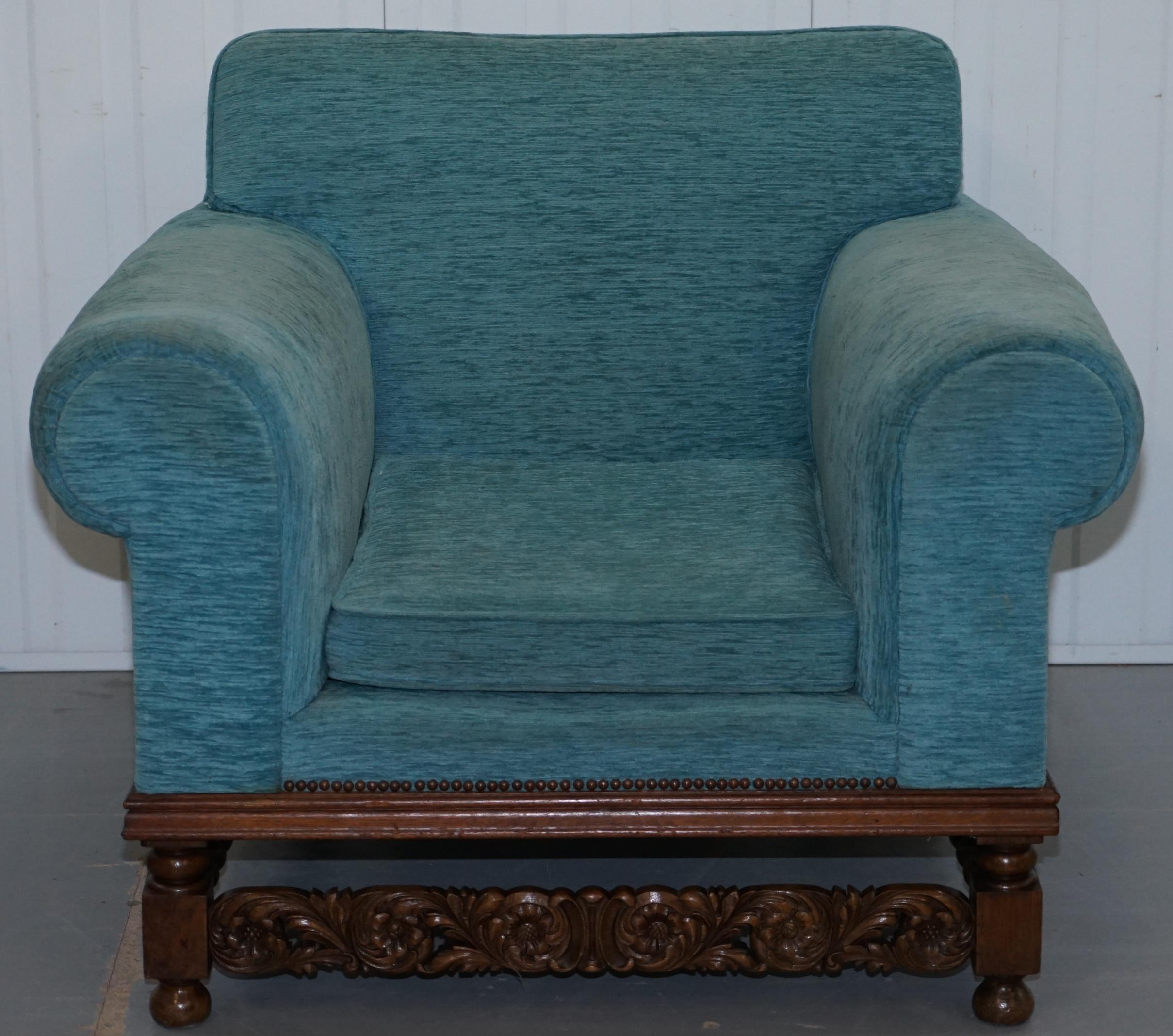 Pair of Edwardian Club Armchairs Oak Frame Fully Sprung Restoration Reupholstery 9