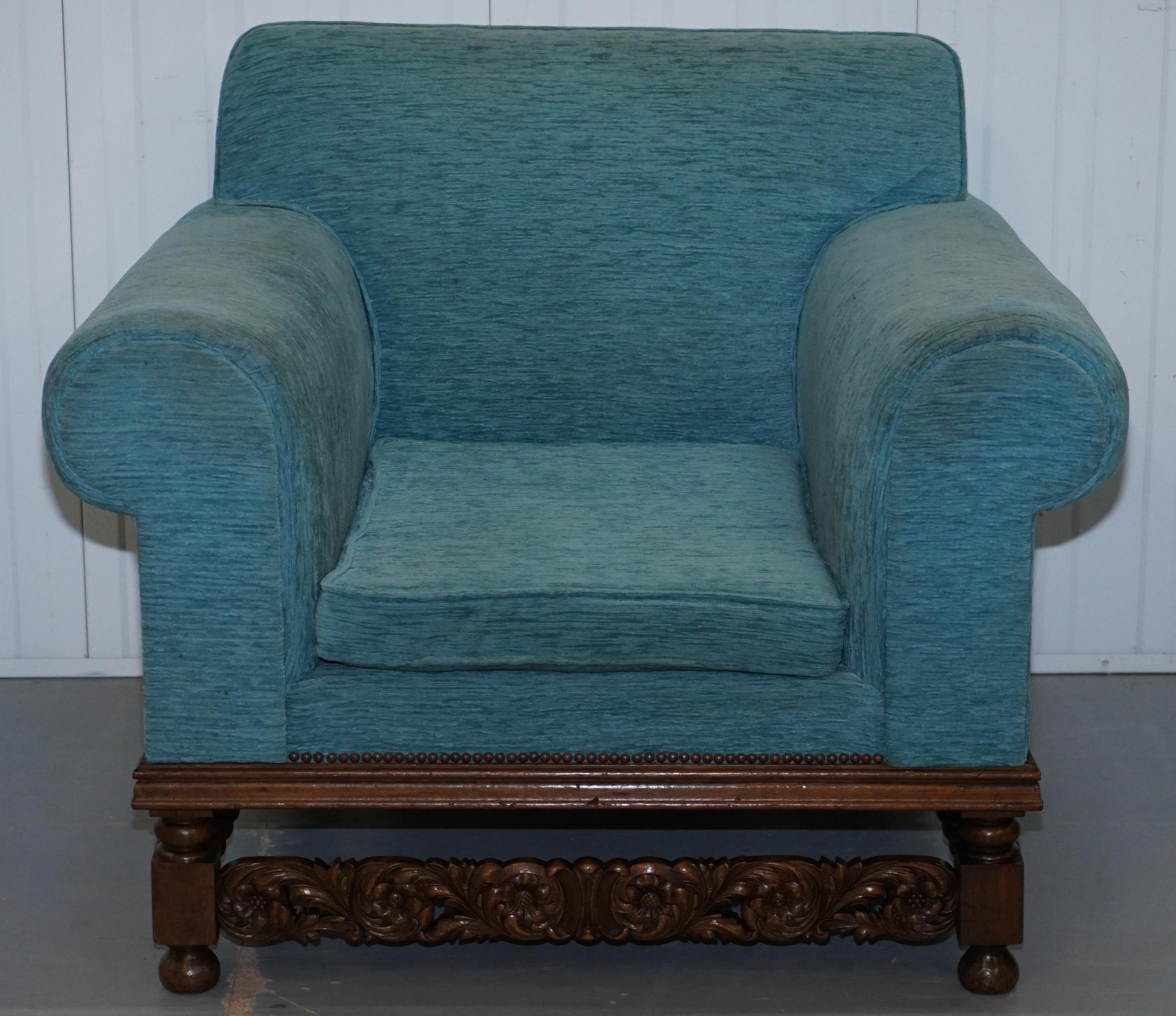 English Pair of Edwardian Club Armchairs Oak Frame Fully Sprung Restoration Reupholstery