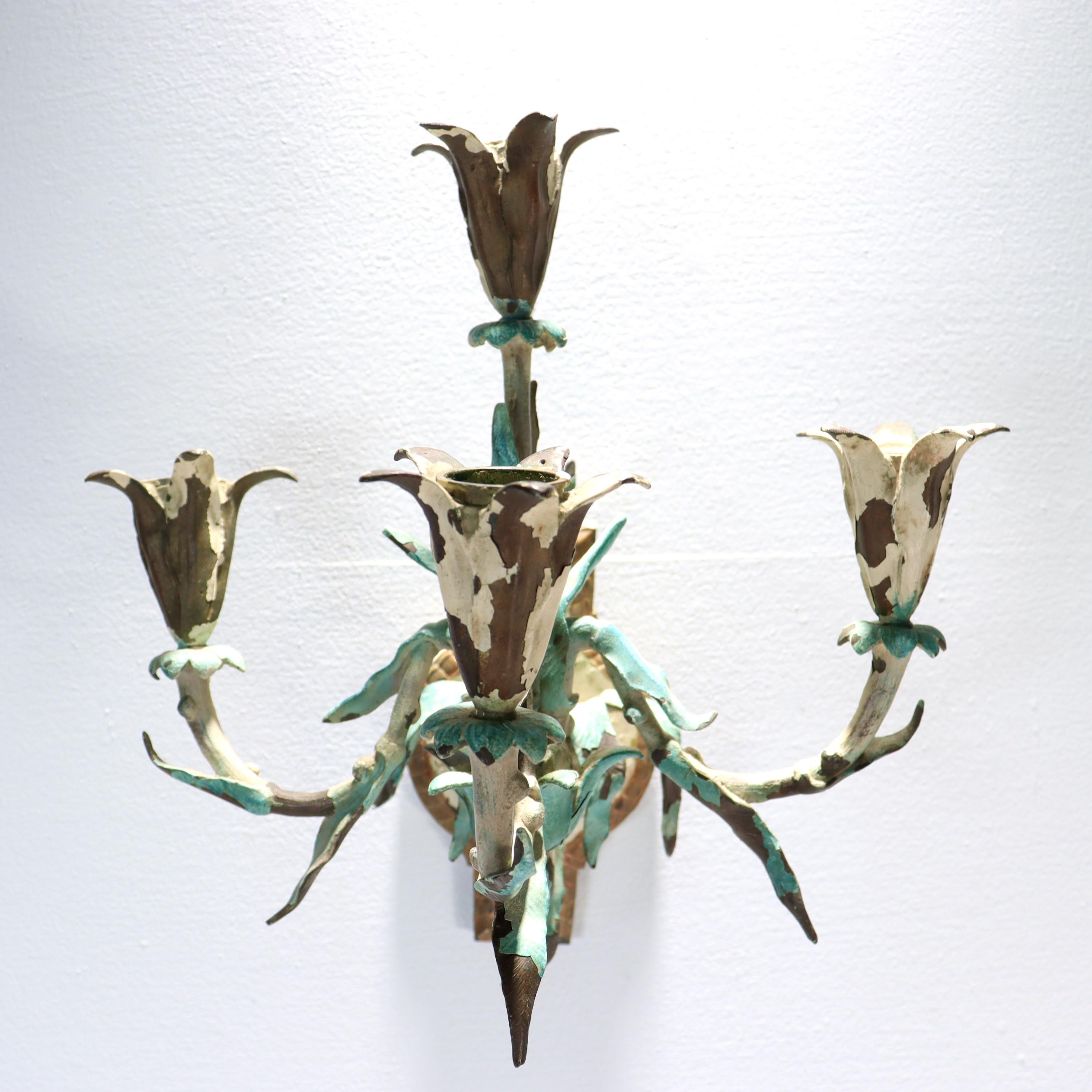 Pair of Edwardian Cold Painted Bronze 4-Light Flora Wall Sconces or Candelabra For Sale 4