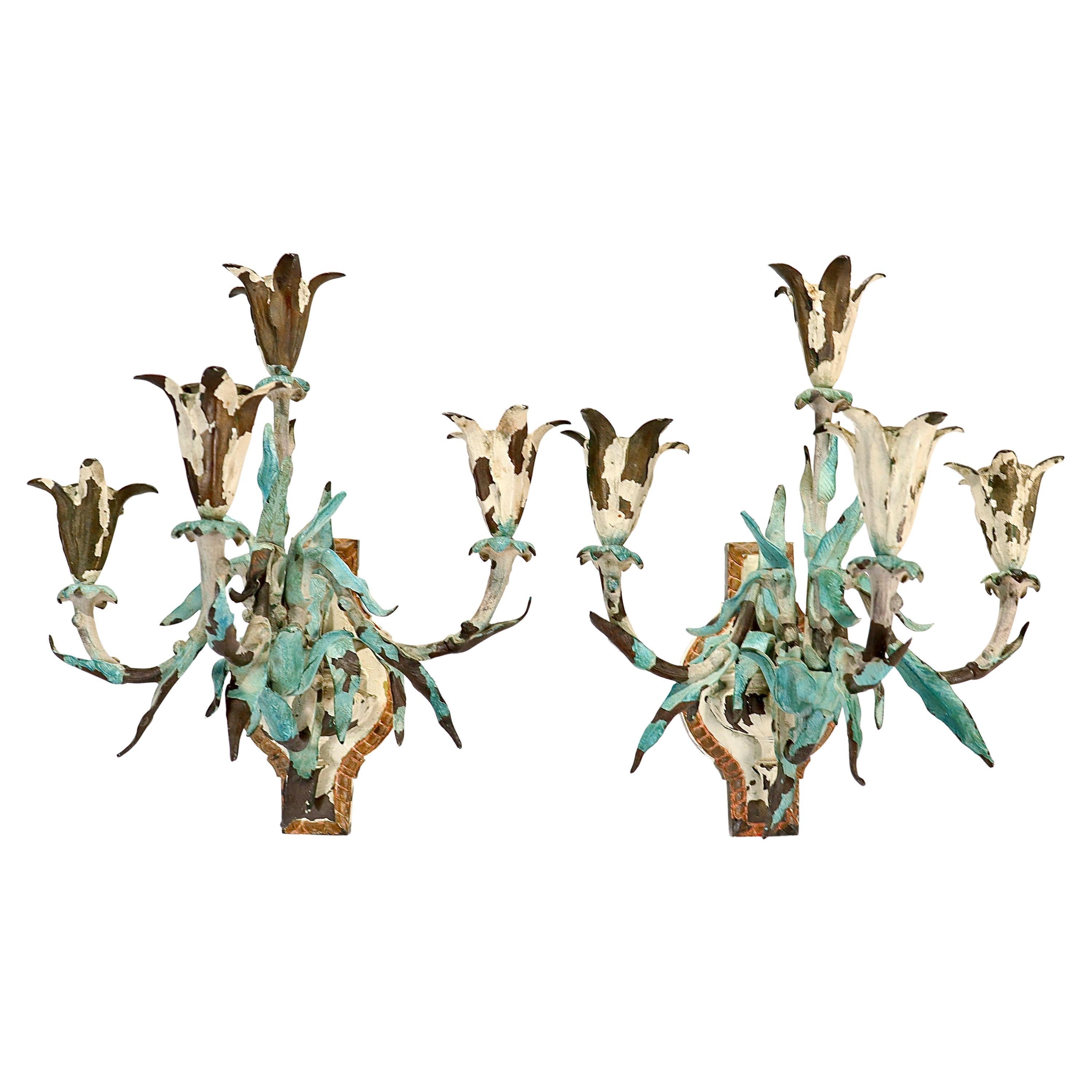Pair of Edwardian Cold Painted Bronze 4-Light Flora Wall Sconces or Candelabra For Sale