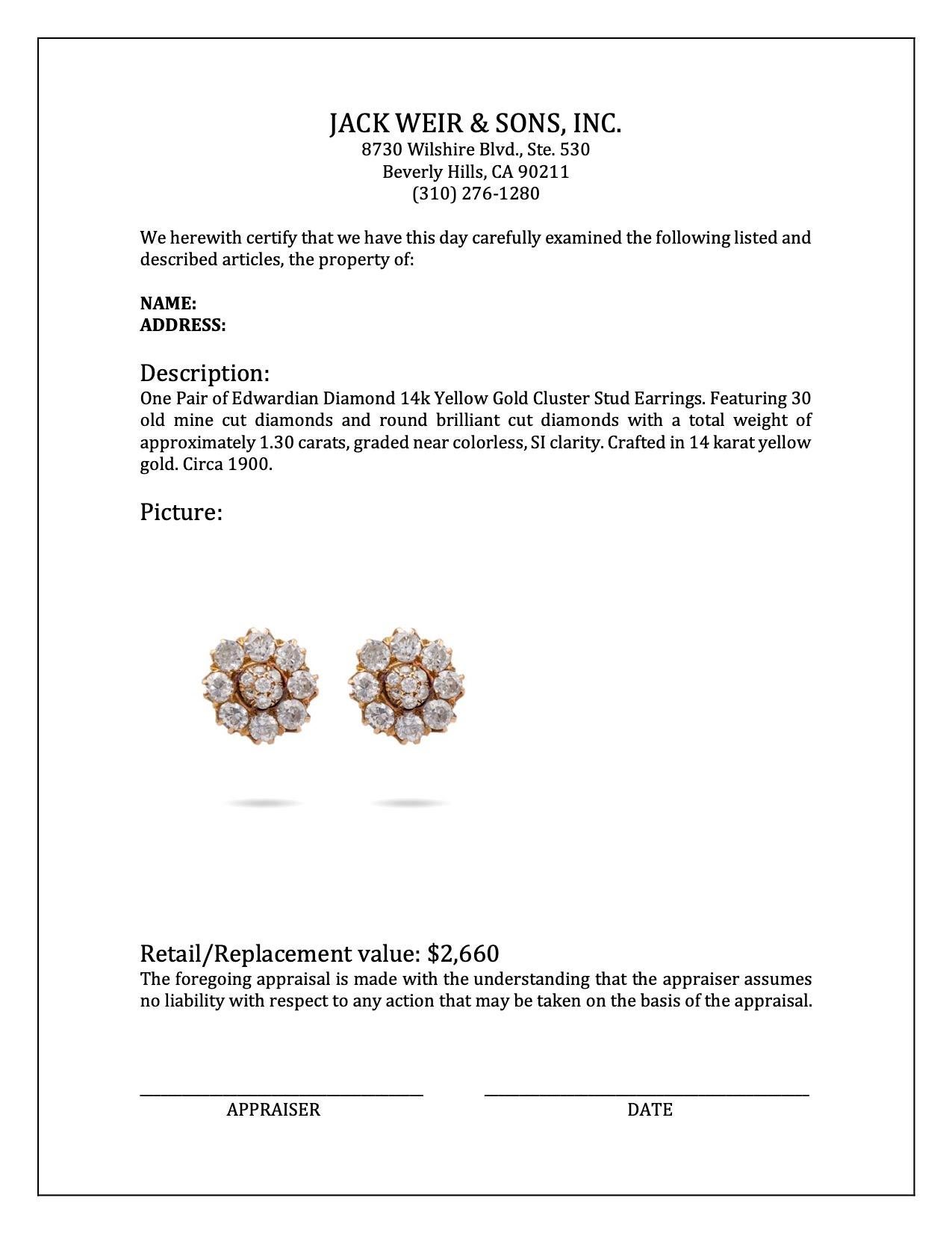 Women's or Men's Pair of Edwardian Diamond 14k Yellow Gold Cluster Stud Earrings