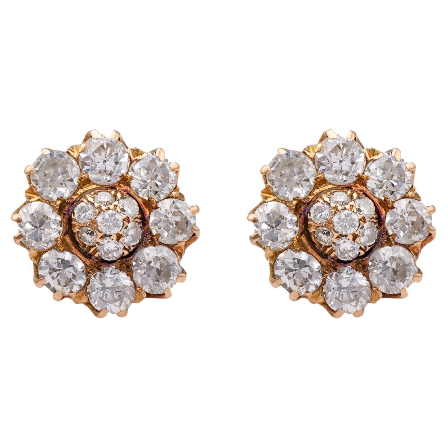 Pair of Edwardian Diamond 14k Yellow Gold Cluster Stud Earrings