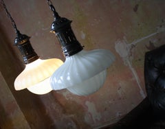 Pair of Edwardian Doriclite Moonstone Opaline Glass Jefferson Pendants Lights