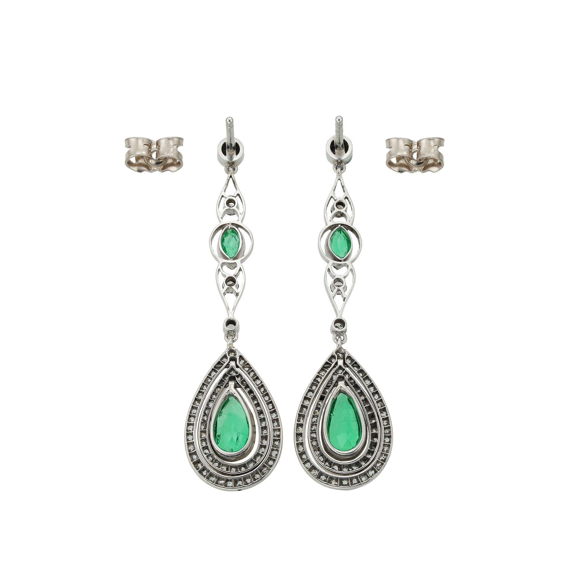 Pear Cut Pair of Edwardian Emerald and Diamond Drop Earrings