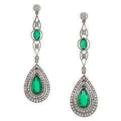 Antique Pair of Edwardian Emerald and Diamond Drop Earrings