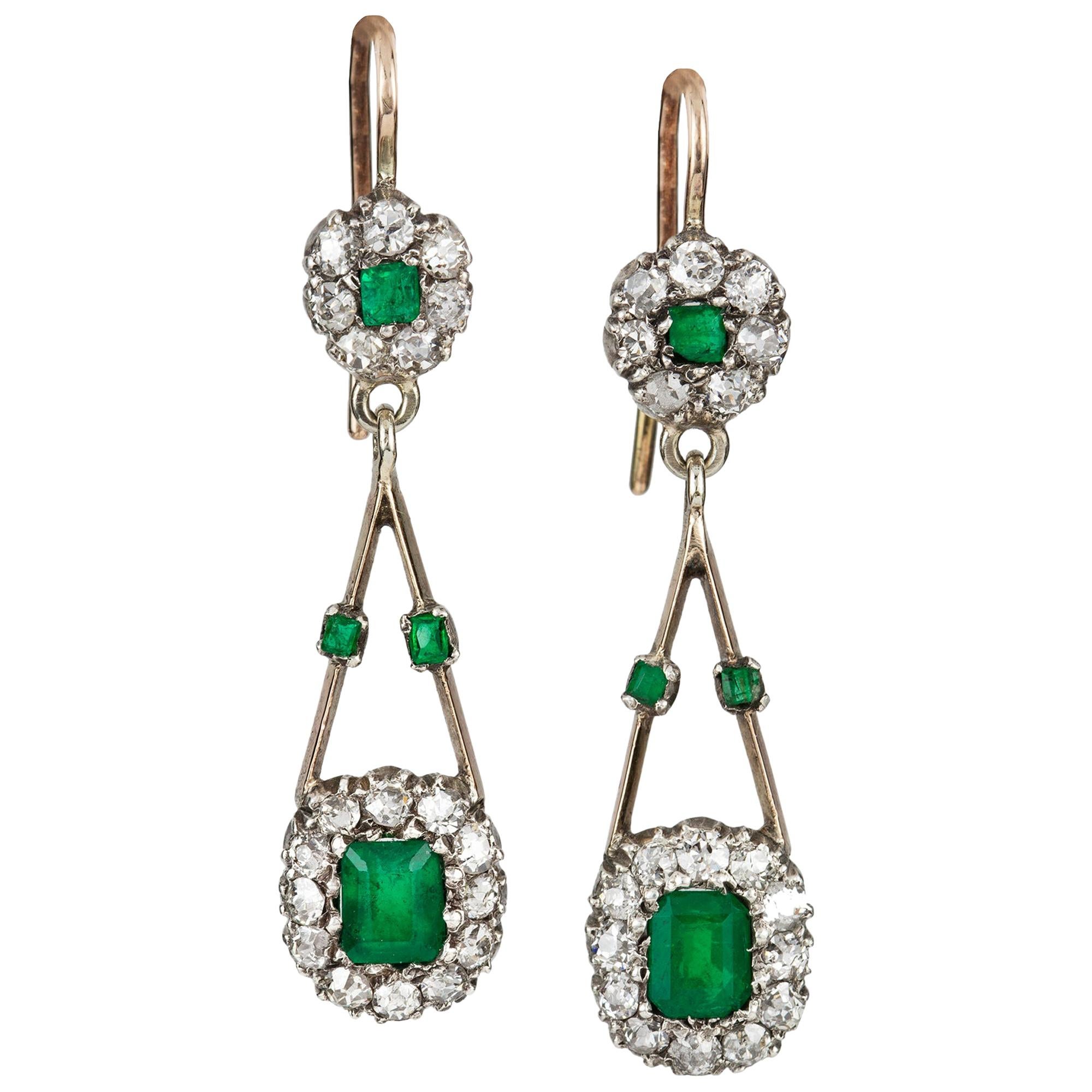 Pair of Edwardian Emerald and Diamond Earrings