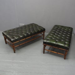 Pair of Edwardian Faux Bamboo and Green Leather Stools