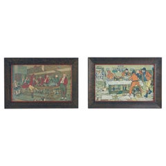 Antique Pair of Edwardian Framed Colored Prints, Drinking Feasting, Scotland 1920, B2686
