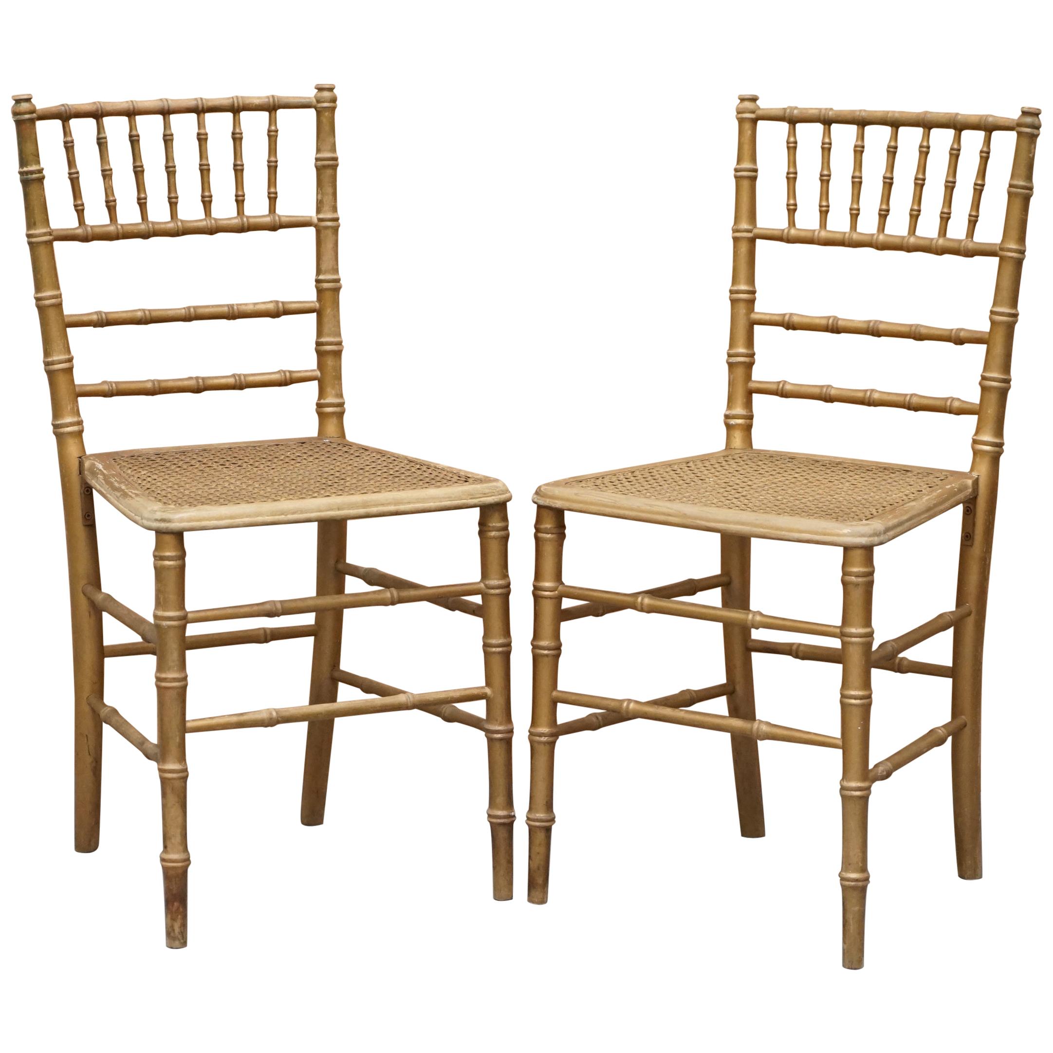 Pair of Edwardian Giltwood Famboo Regency Style Bergere Chairs with Gold Gilding For Sale