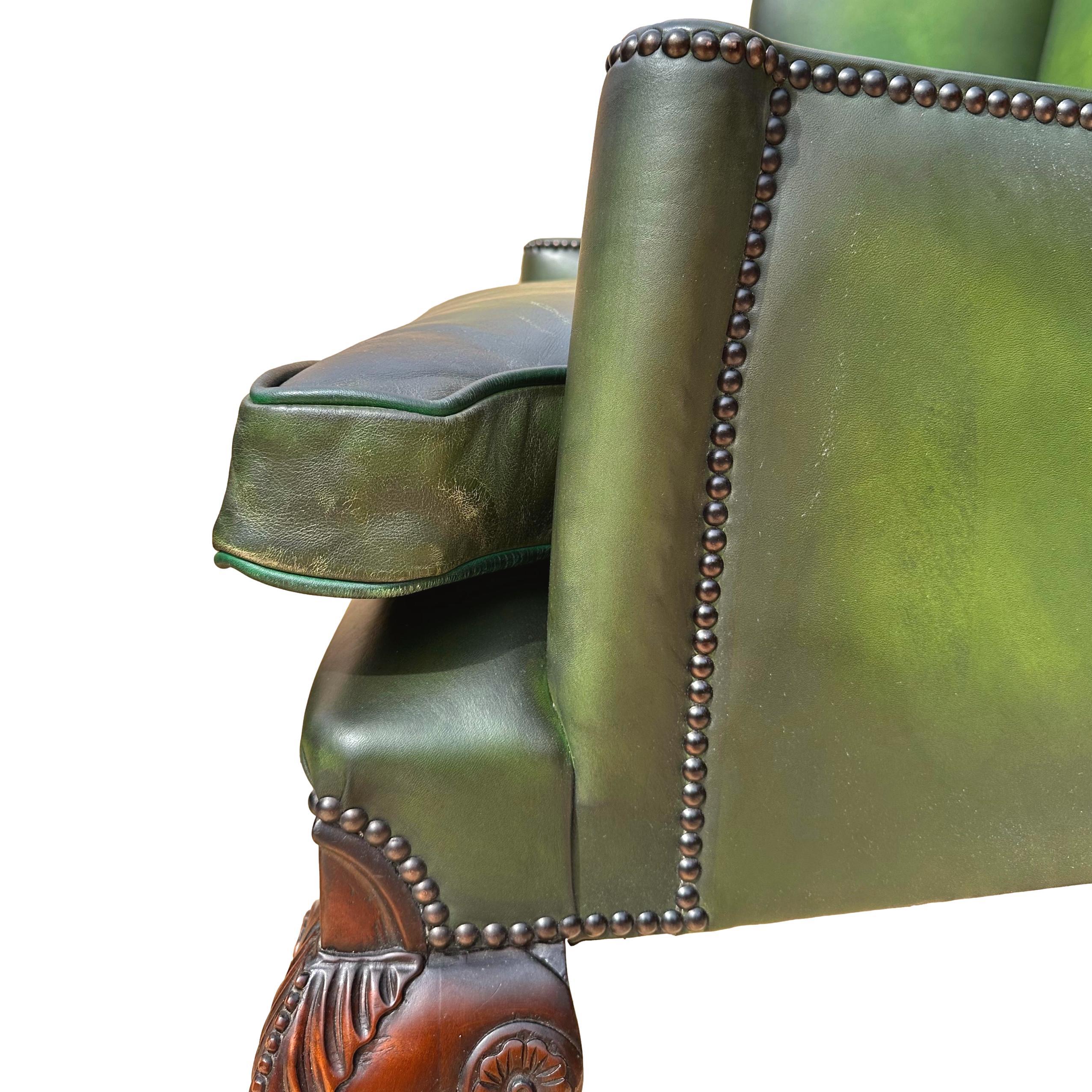 Pair of Edwardian Green Leather Wing Back Chairs, English, ca. 1920. 4