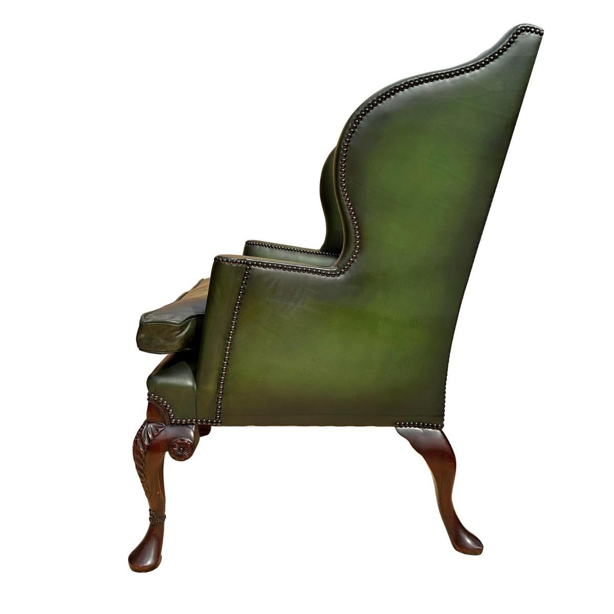 Pair of Edwardian Green Leather Wing Back Chairs, English, ca. 1920. In Good Condition For Sale In Banner Elk, NC