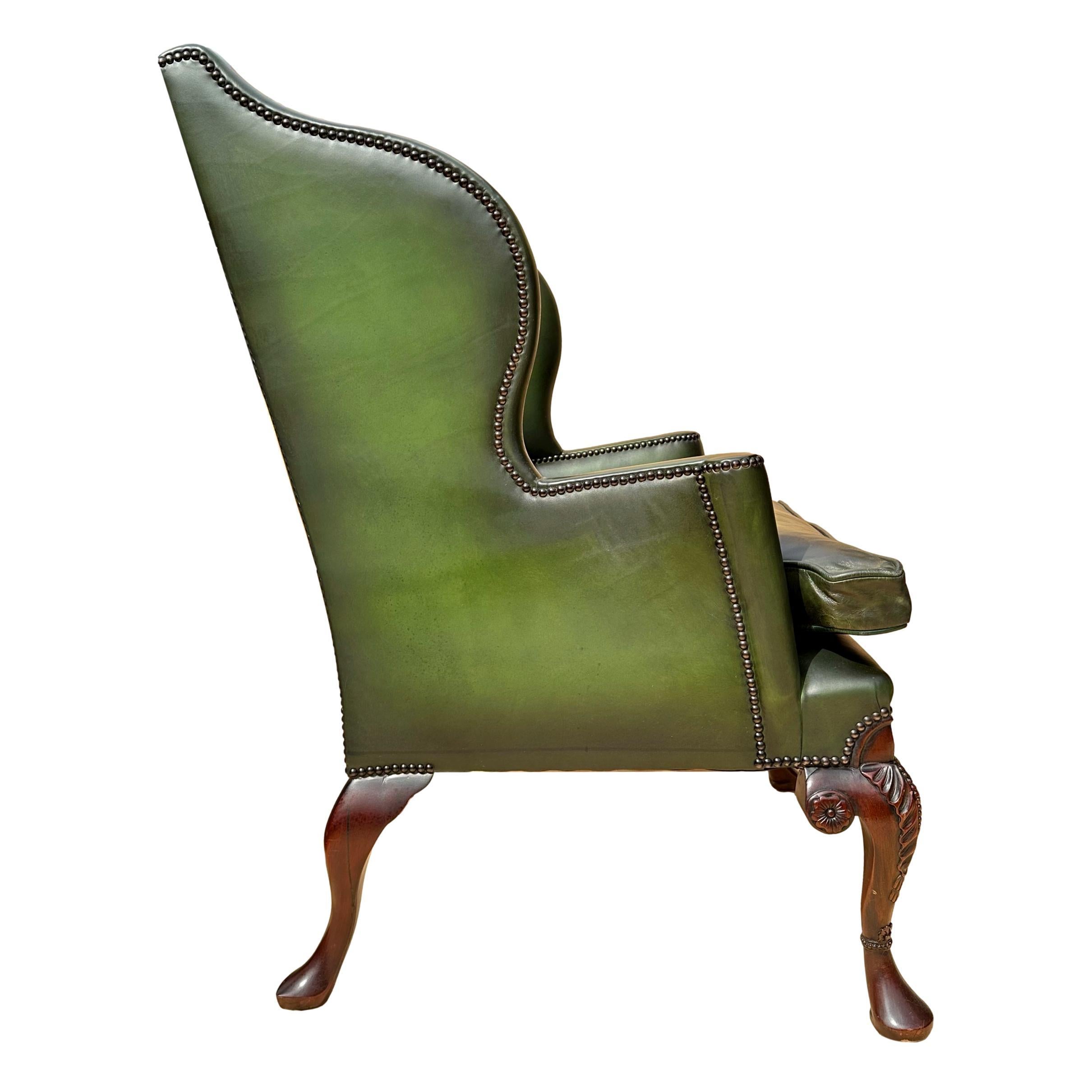 Pair of Edwardian Green Leather Wing Back Chairs, English, ca. 1920. For Sale 1