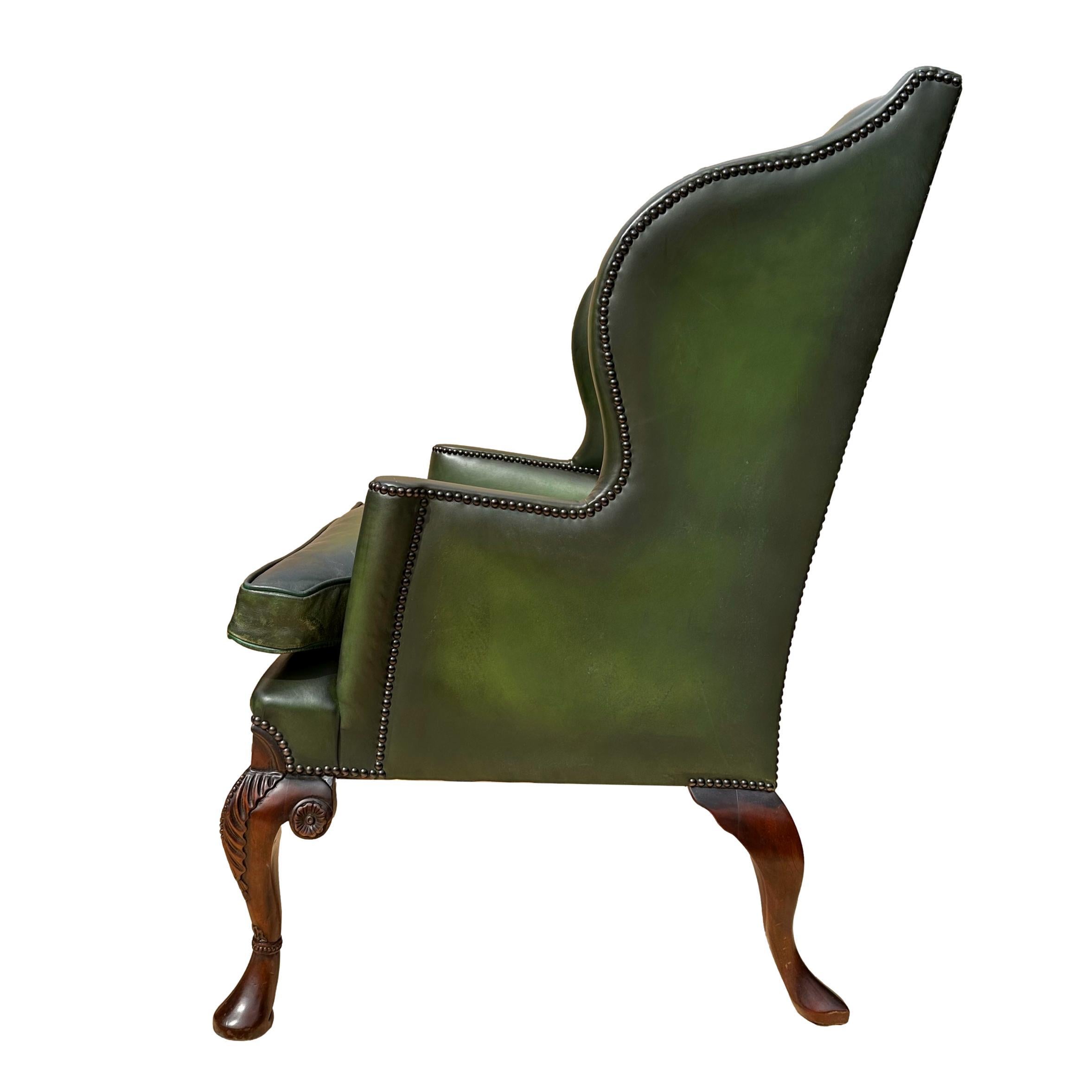 Pair of Edwardian Green Leather Wing Back Chairs, English, ca. 1920. For Sale 1