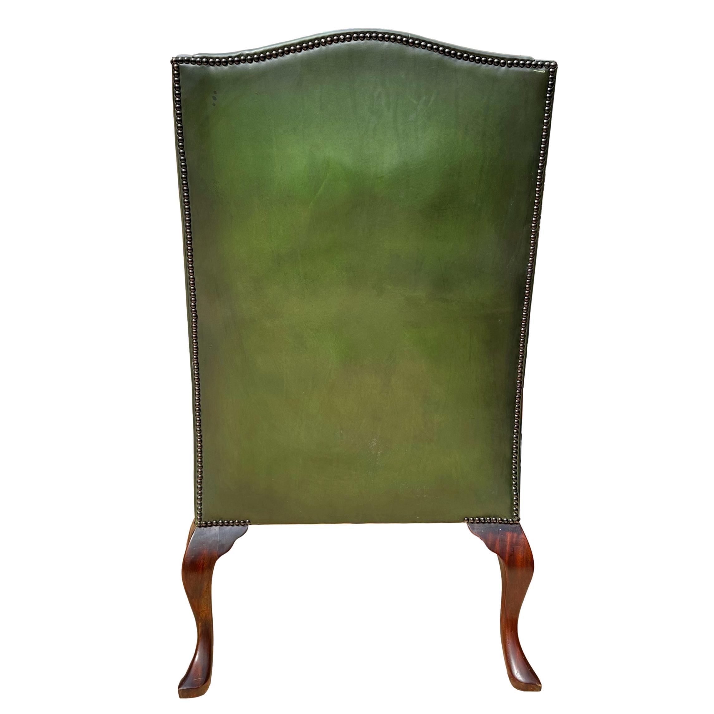 Pair of Edwardian Green Leather Wing Back Chairs, English, ca. 1920. For Sale 3