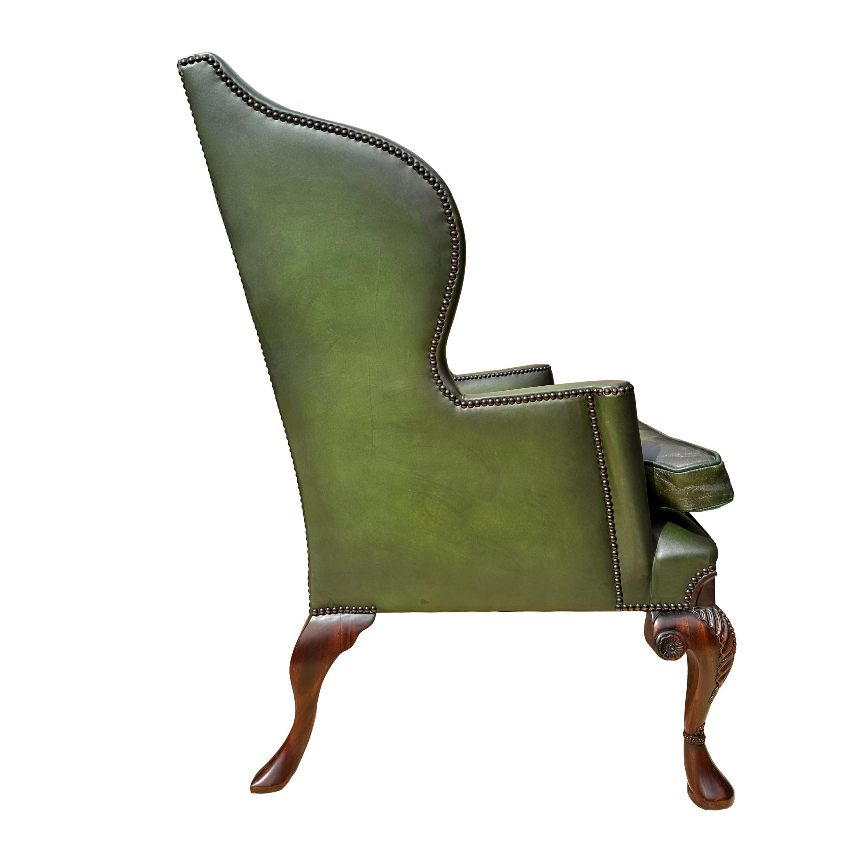 Pair of Edwardian Green Leather Wing Back Chairs, English, ca. 1920. 1