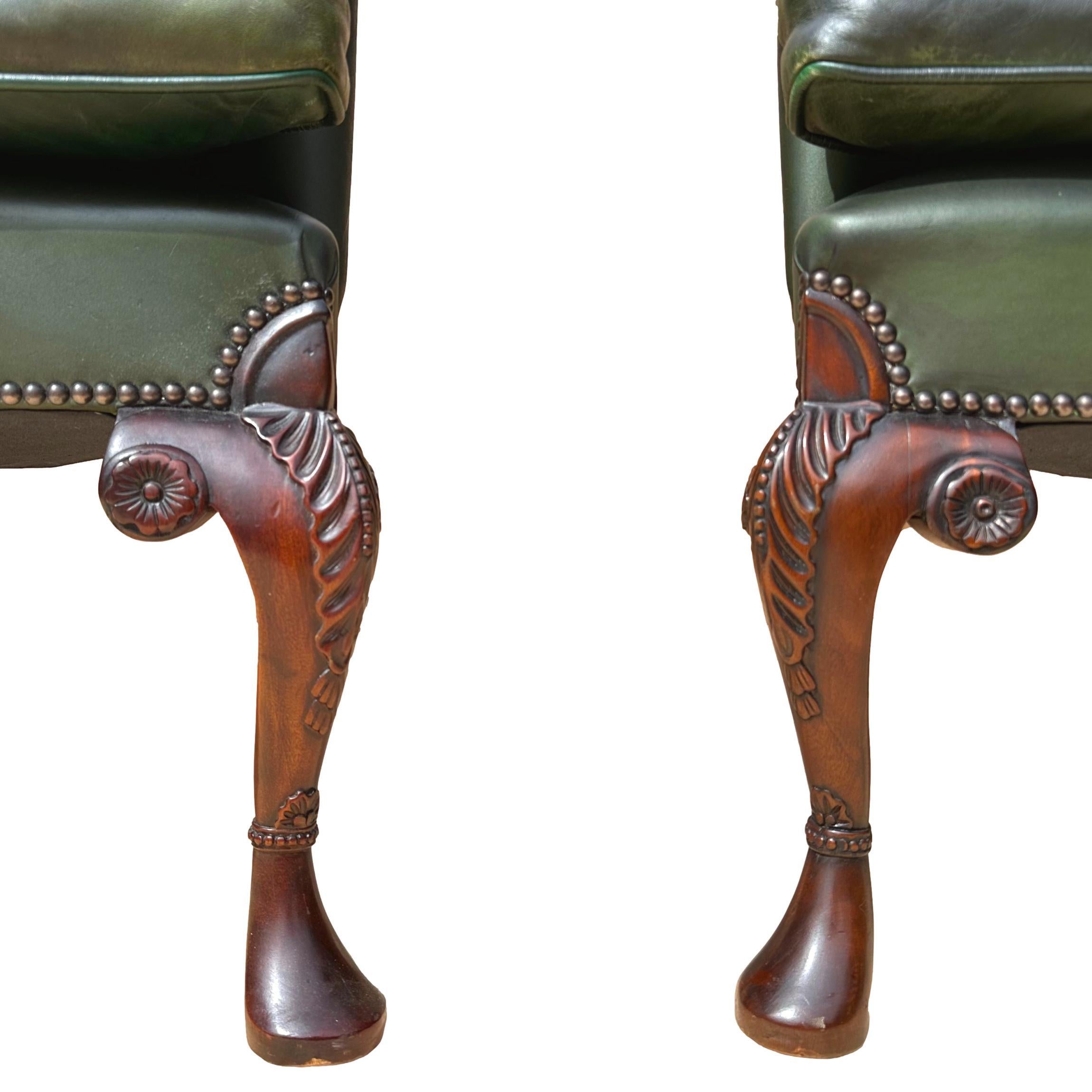 Pair of Edwardian Green Leather Wing Back Chairs, English, ca. 1920. For Sale 5