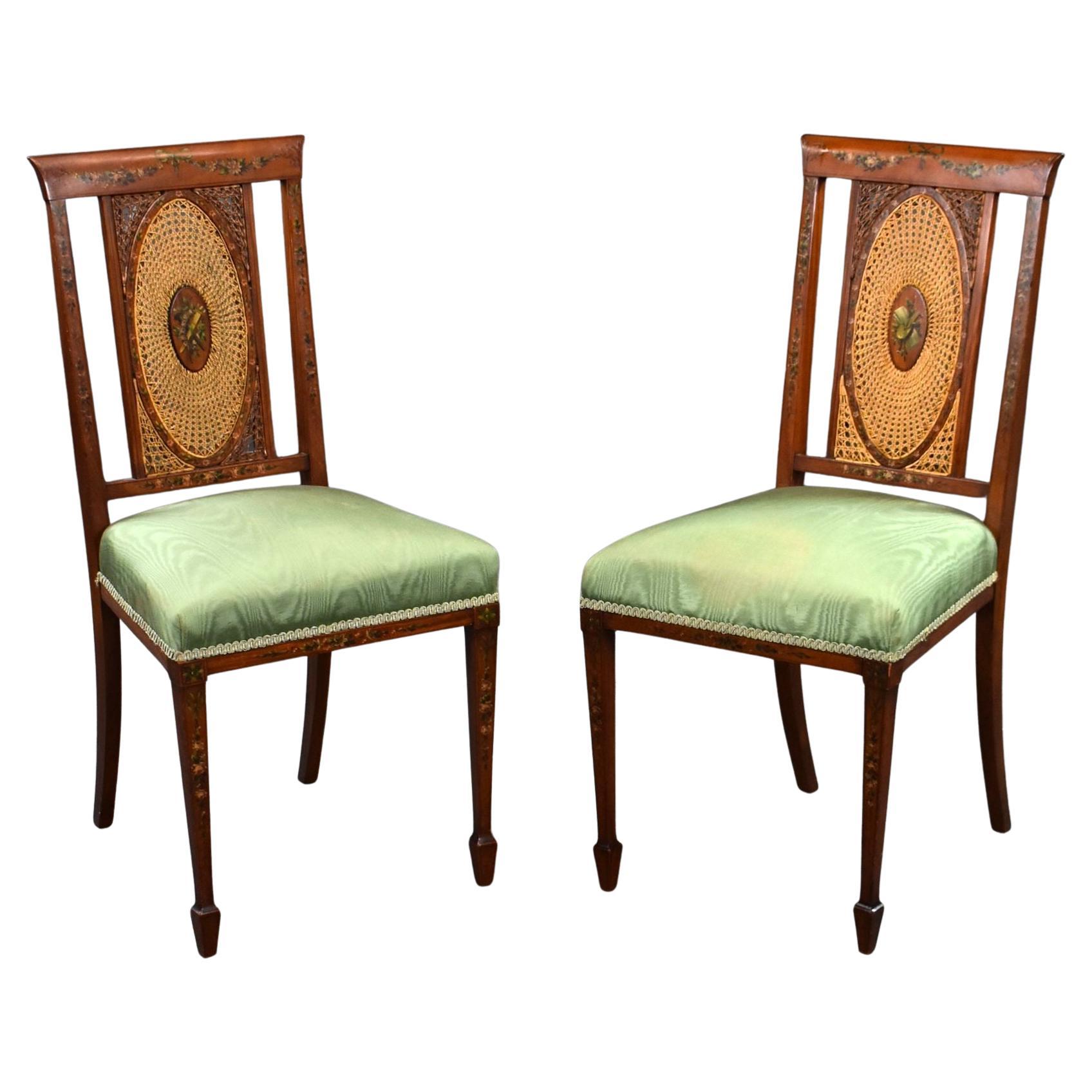 Pair of Edwardian Hand Painted Satinwood Chairs