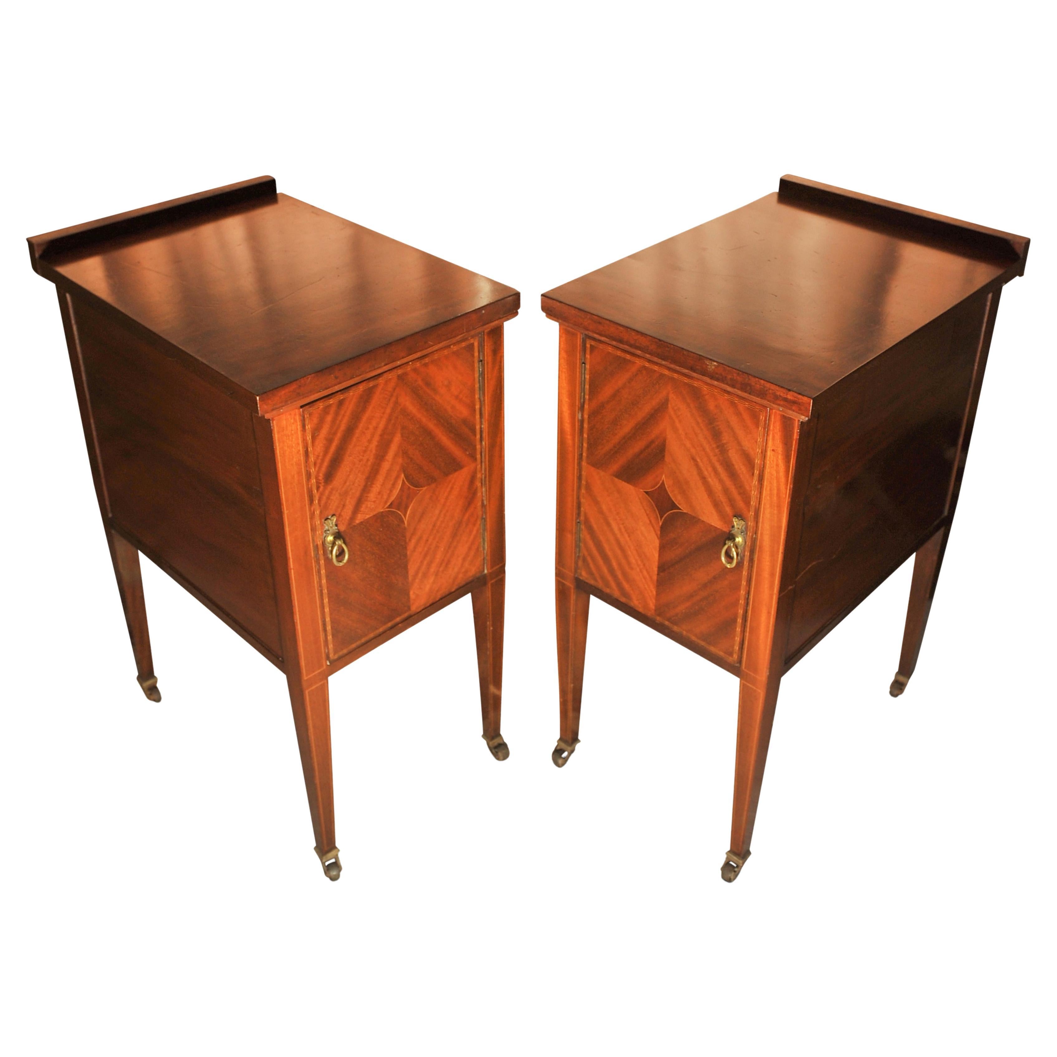 A Pair of Matching Edwardian Handcrafted Pot Cupboards With Brass Drop Handles With Attractively Arranged Flame Mahogany Veneer Fronts With Wood Inlay 

