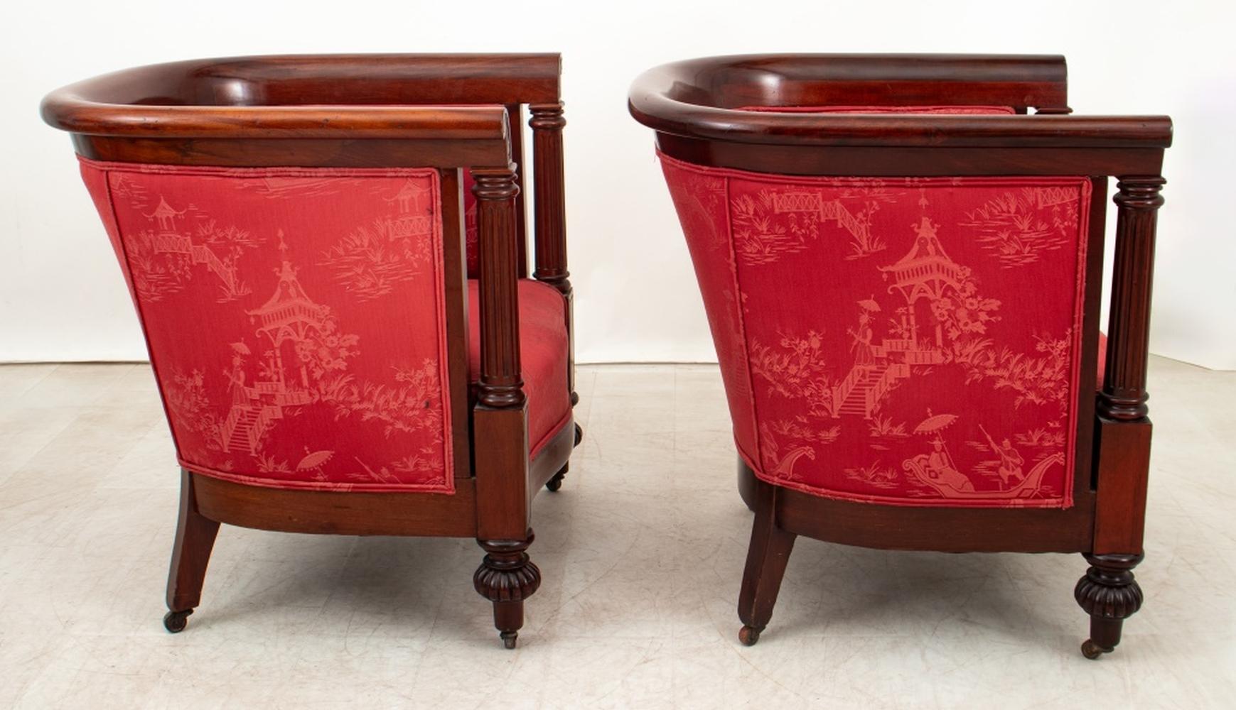 English Pair of Edwardian Mahogany and Red Silk Tub Chairs